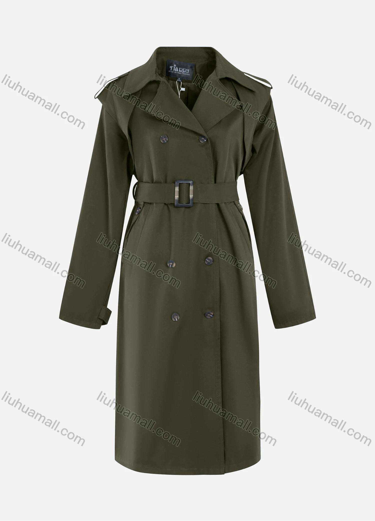 Wholesale Women's Casual Plain Lapel Double Breasted Long Sleeve Long Trench Coat With Belt - Liuhuamall
