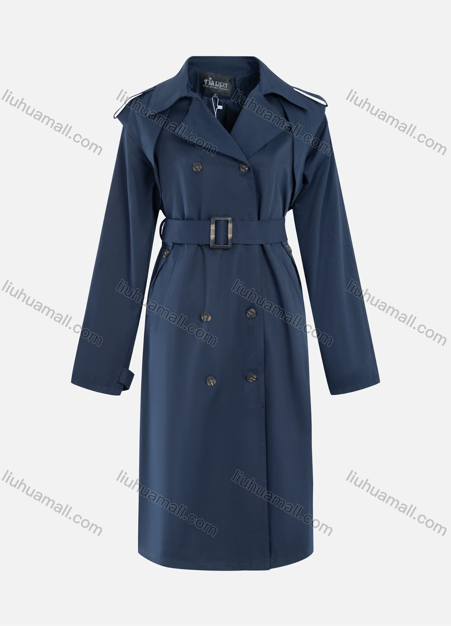 Wholesale Women's Casual Plain Lapel Double Breasted Long Sleeve Long Trench Coat With Belt - Liuhuamall