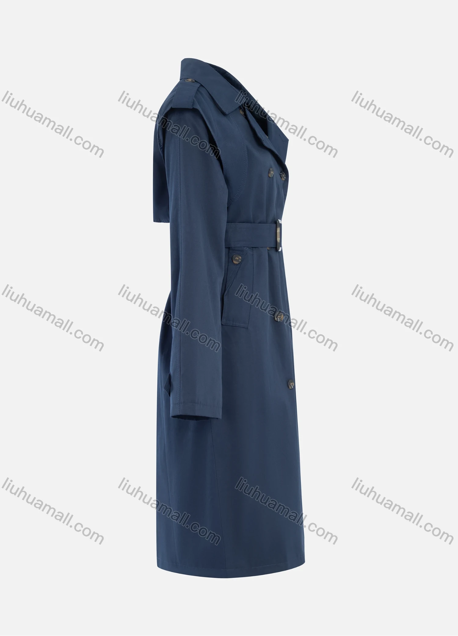 Wholesale Women's Casual Plain Lapel Double Breasted Long Sleeve Long Trench Coat With Belt - Liuhuamall