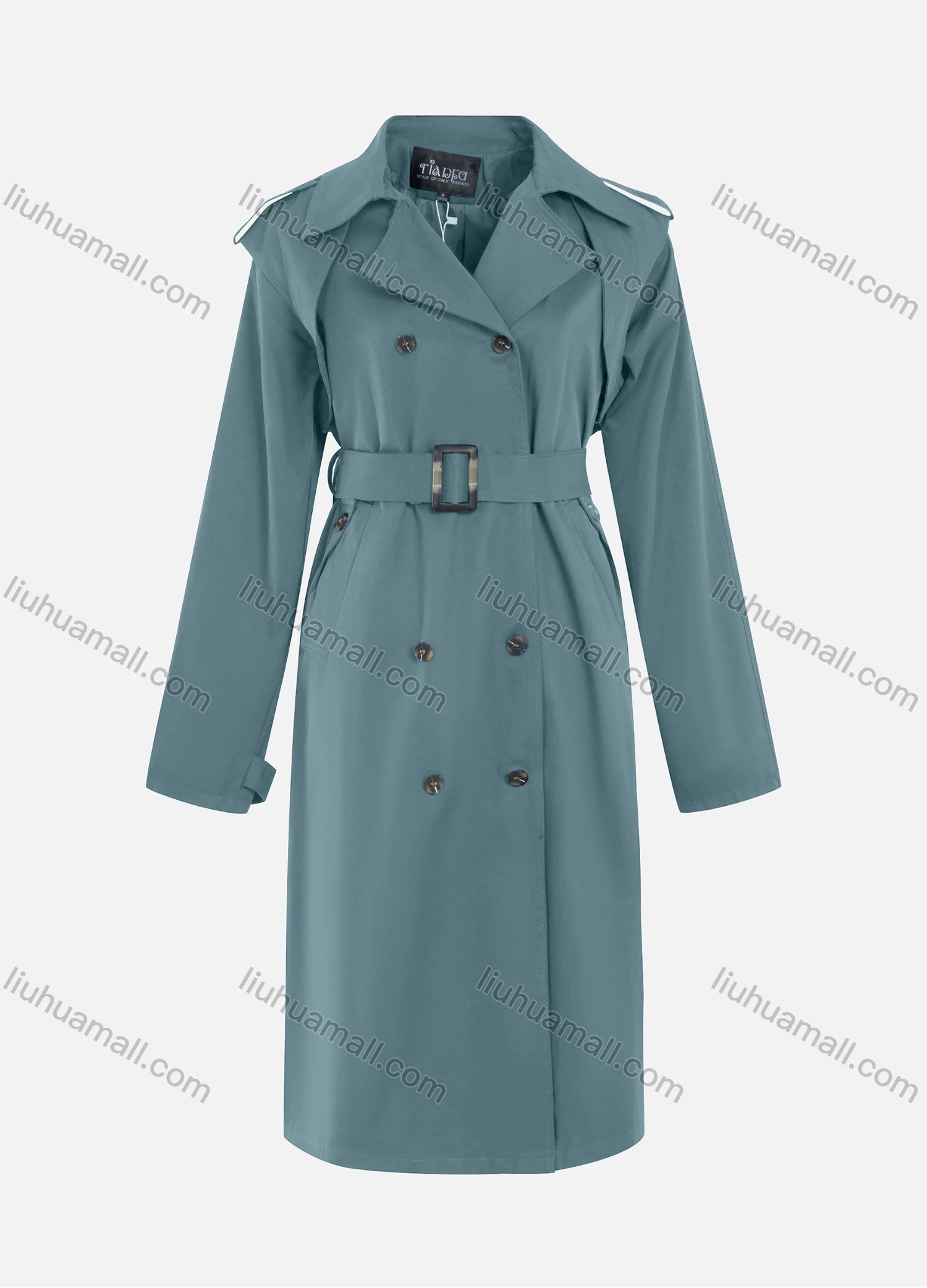 Wholesale Women's Casual Plain Lapel Double Breasted Long Sleeve Long Trench Coat With Belt - Liuhuamall