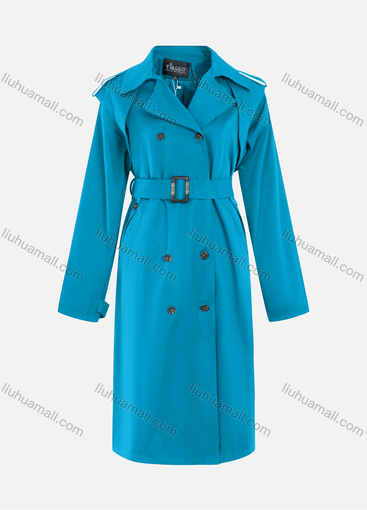 Wholesale Women's Casual Plain Lapel Double Breasted Long Sleeve Long Trench Coat With Belt - Liuhuamall