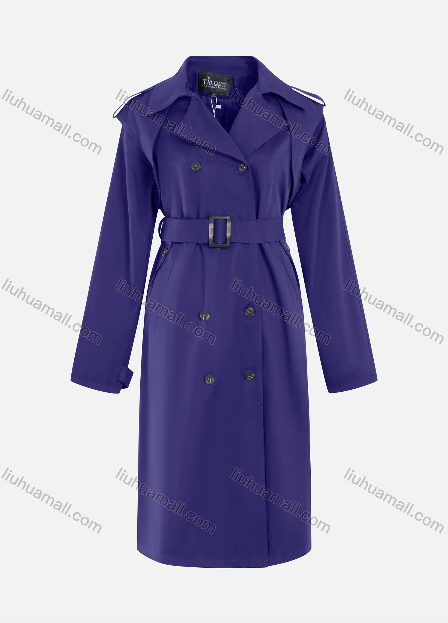 Wholesale Women's Casual Plain Lapel Double Breasted Long Sleeve Long Trench Coat With Belt - Liuhuamall