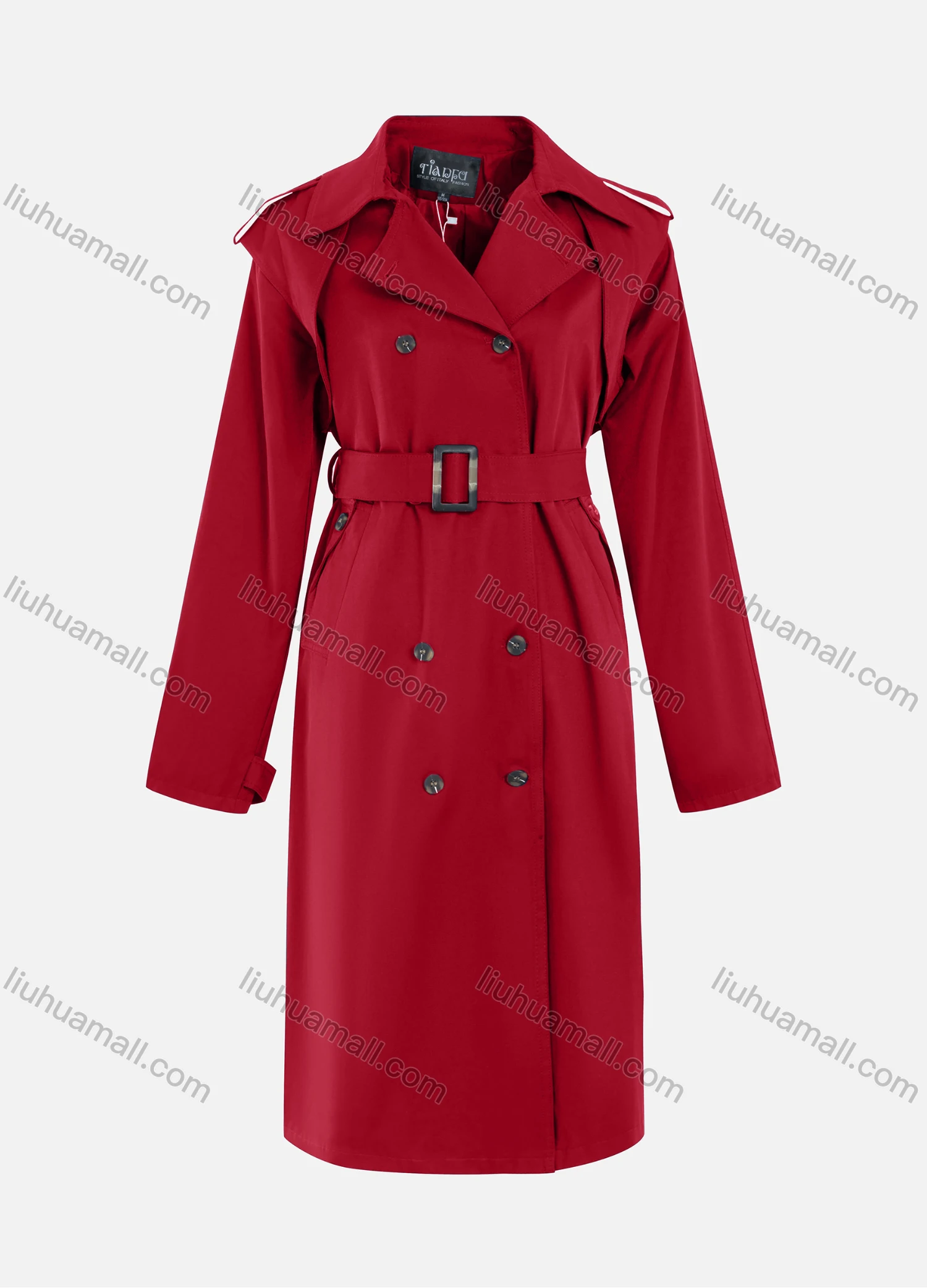 Wholesale Women's Casual Plain Lapel Double Breasted Long Sleeve Long Trench Coat With Belt - Liuhuamall