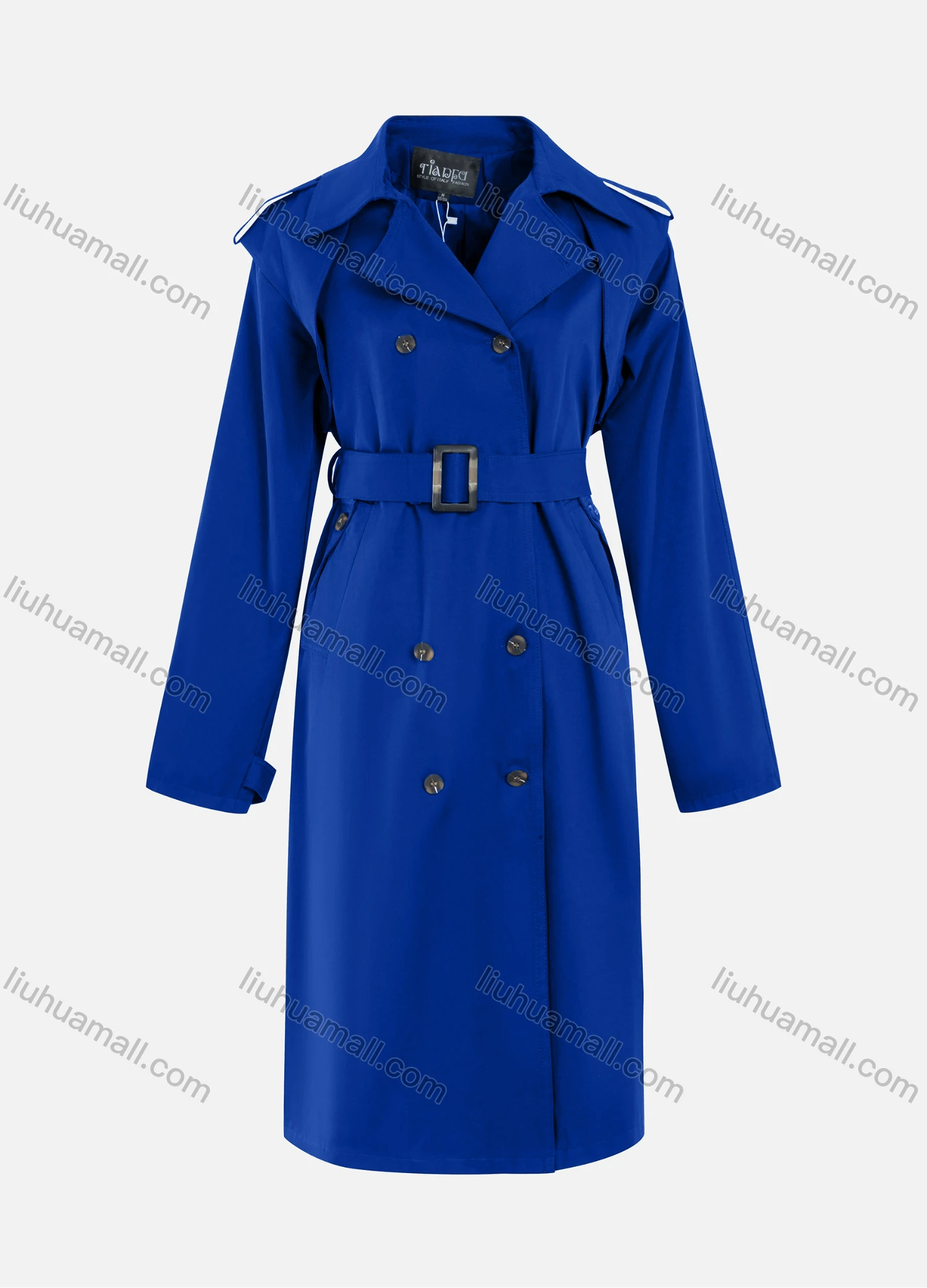 Wholesale Women's Casual Plain Lapel Double Breasted Long Sleeve Long Trench Coat With Belt - Liuhuamall