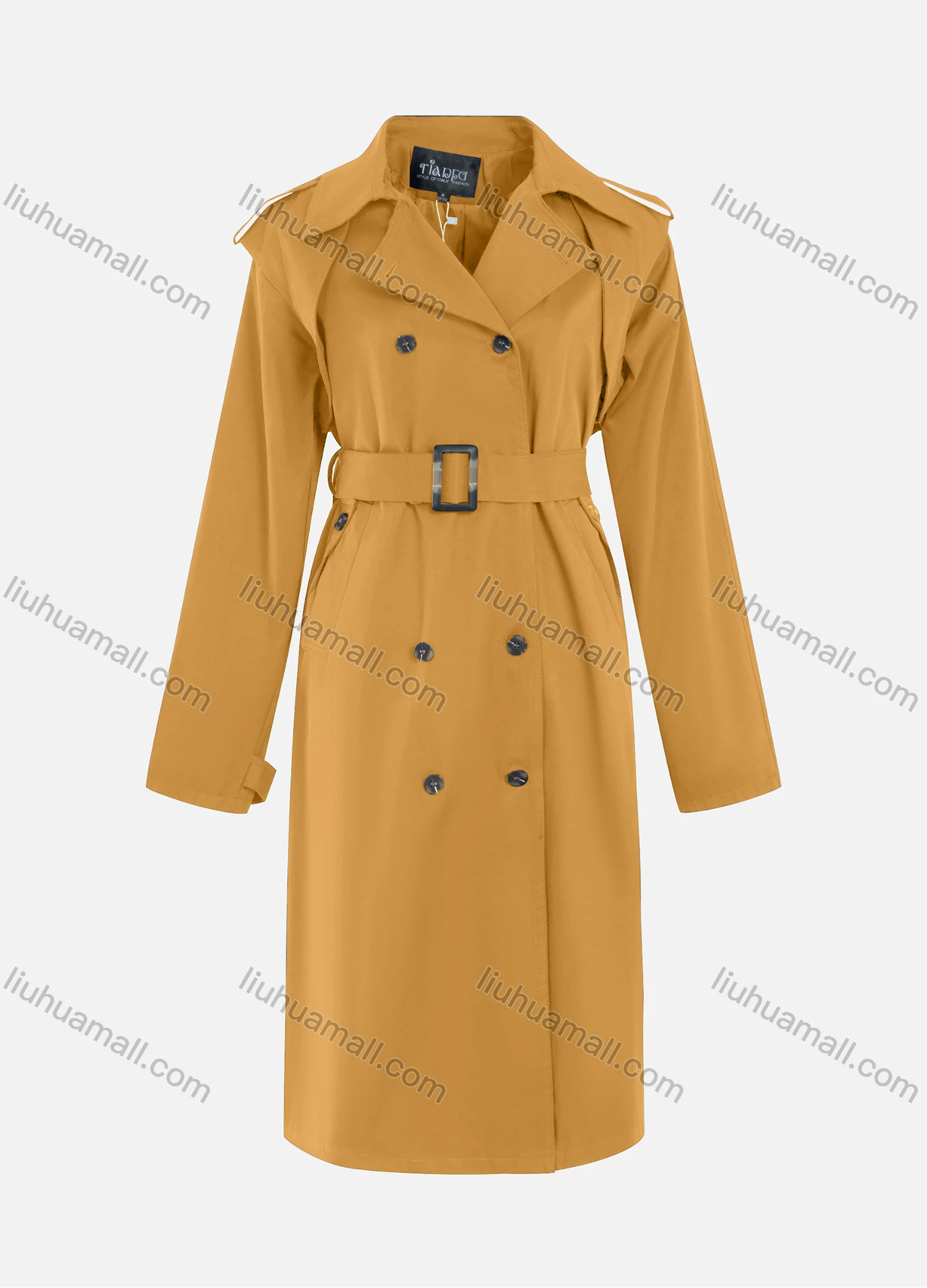 Wholesale Women's Casual Plain Lapel Double Breasted Long Sleeve Long Trench Coat With Belt - Liuhuamall