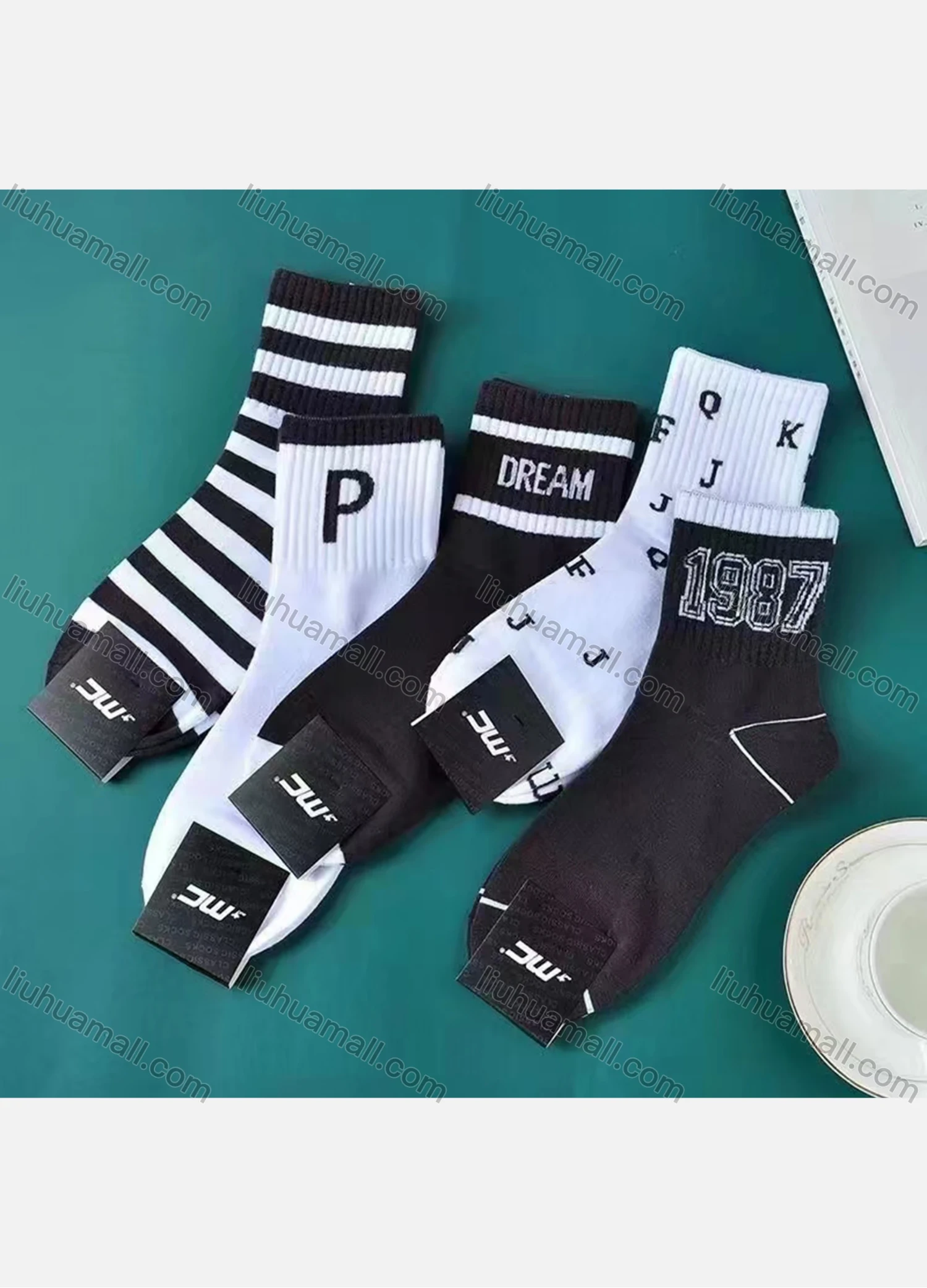 Wholesale Men's Casual Number Striped Print Mid-calf Socks 10 Pairs - Liuhuamall