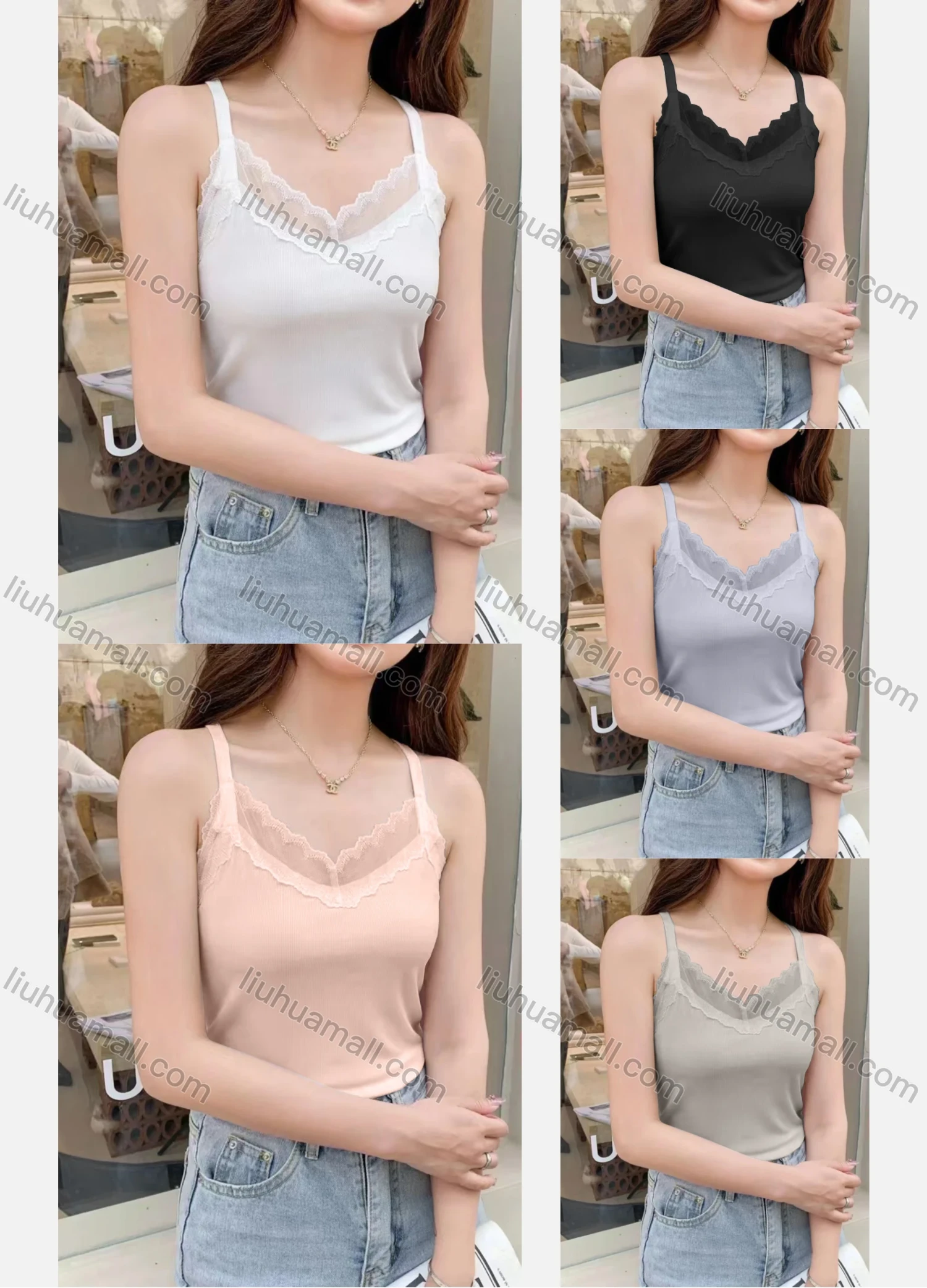 Wholesale Women's Casual Plain Ribbed Lace Trim Slim Fit Cami Top - Liuhuamall