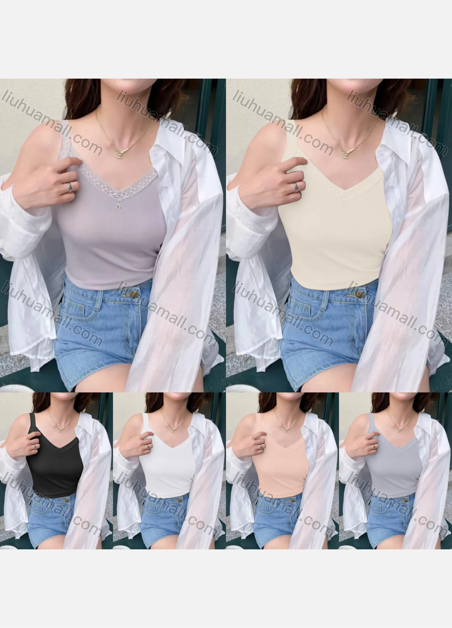 Wholesale Women's Casual Plain Ribbed Lace Trim Slim Fit Cami Top - Liuhuamall