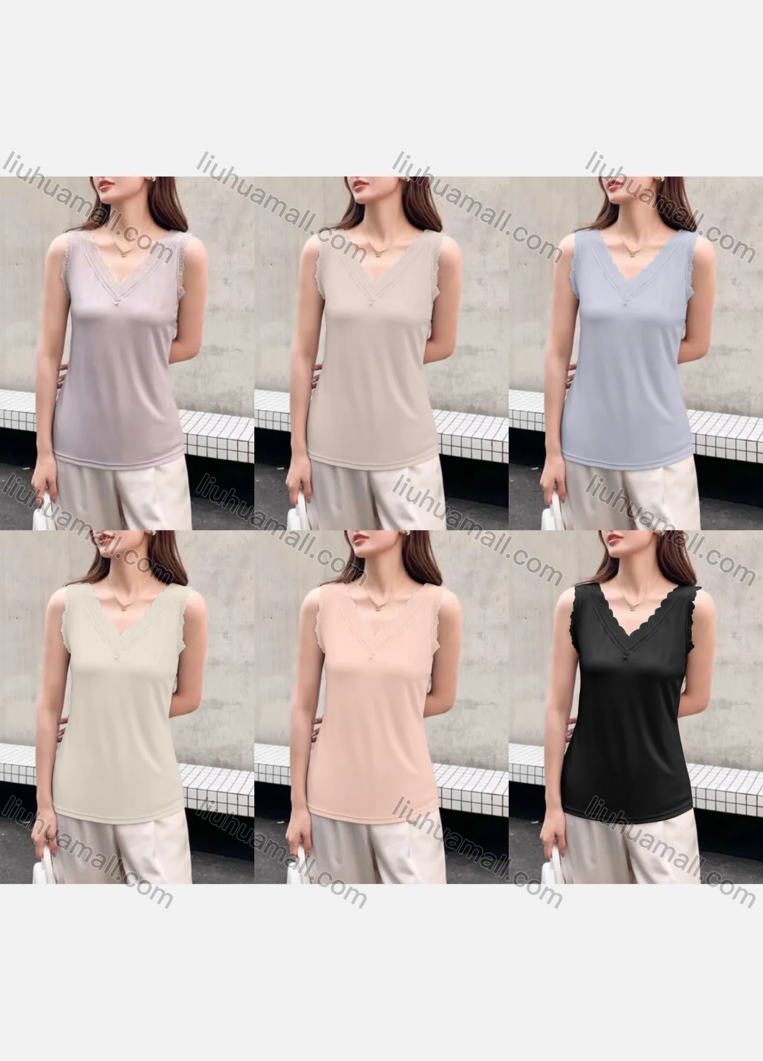 Wholesale Women's Casual Plain V Neck Ribbed Lace Trim Slim Fit Tank Top - Liuhuamall