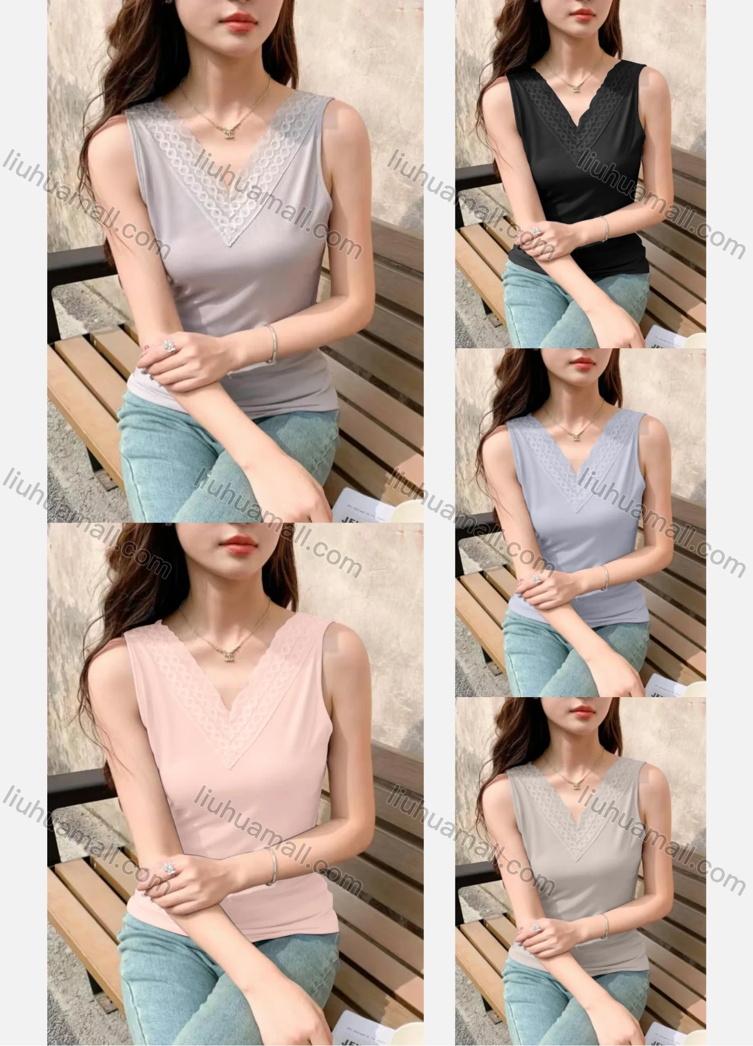 Wholesale Women's Casual Plain Ribbed Lace Trim Slim Fit Tank Top - Liuhuamall