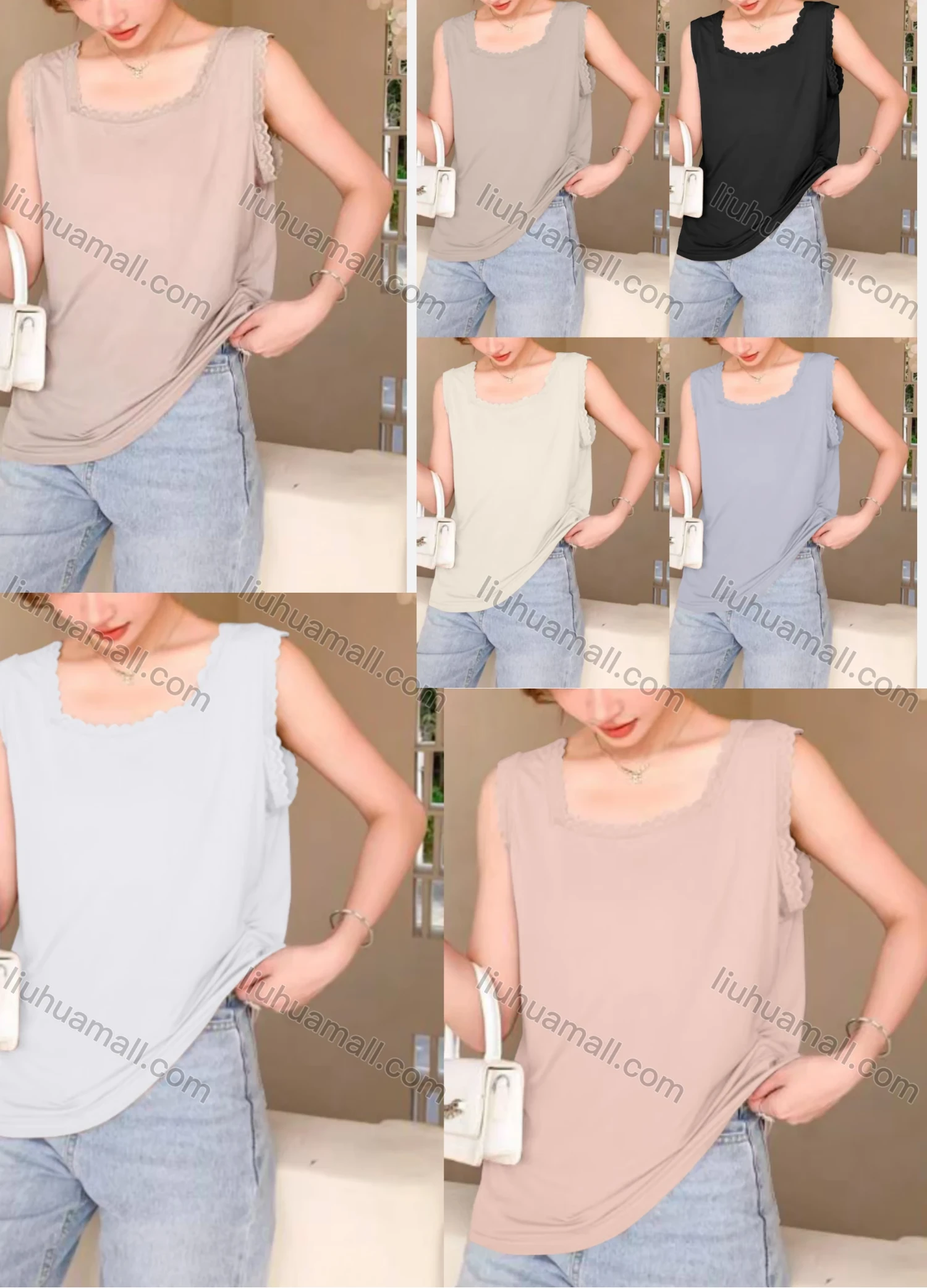 Wholesale Women's Casual Plain Square Neck Ribbed Lace Trim Slim Fit Tank Top - Liuhuamall