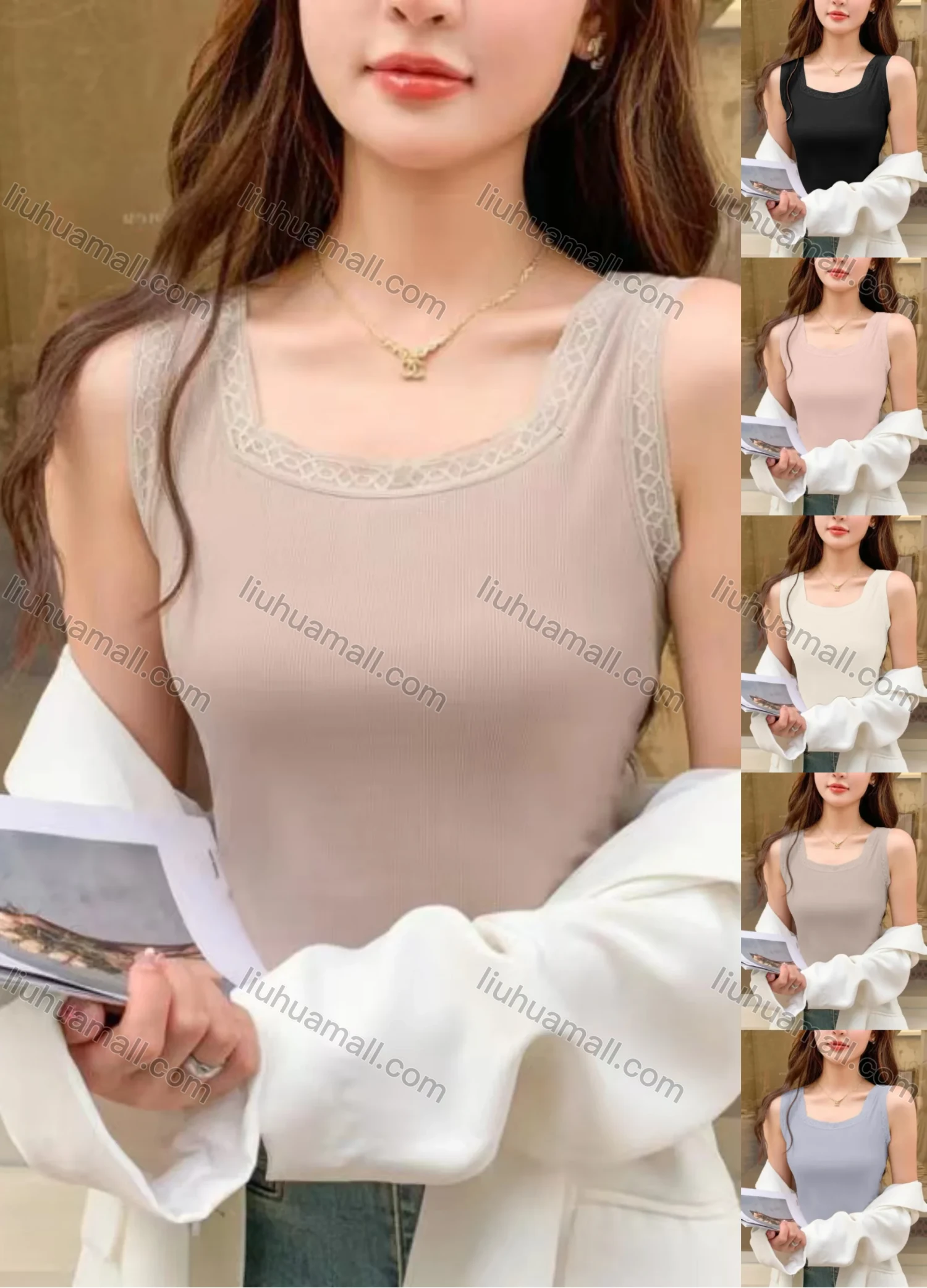 Wholesale Women's Casual Plain Ribbed Lace Trim Slim Fit Tank Top - Liuhuamall