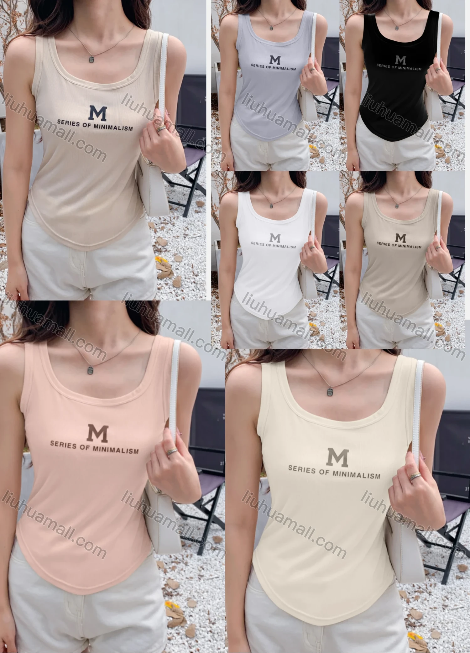 Wholesale Women's Casual Letter Print Crew Neck Ribbed Slim Fit Tank Top - Liuhuamall
