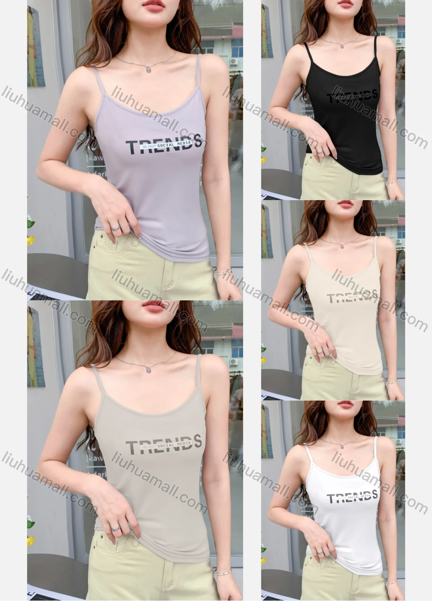 Wholesale Women's Casual Letter Print Ribbed Slim Fit Cami Top - Liuhuamall