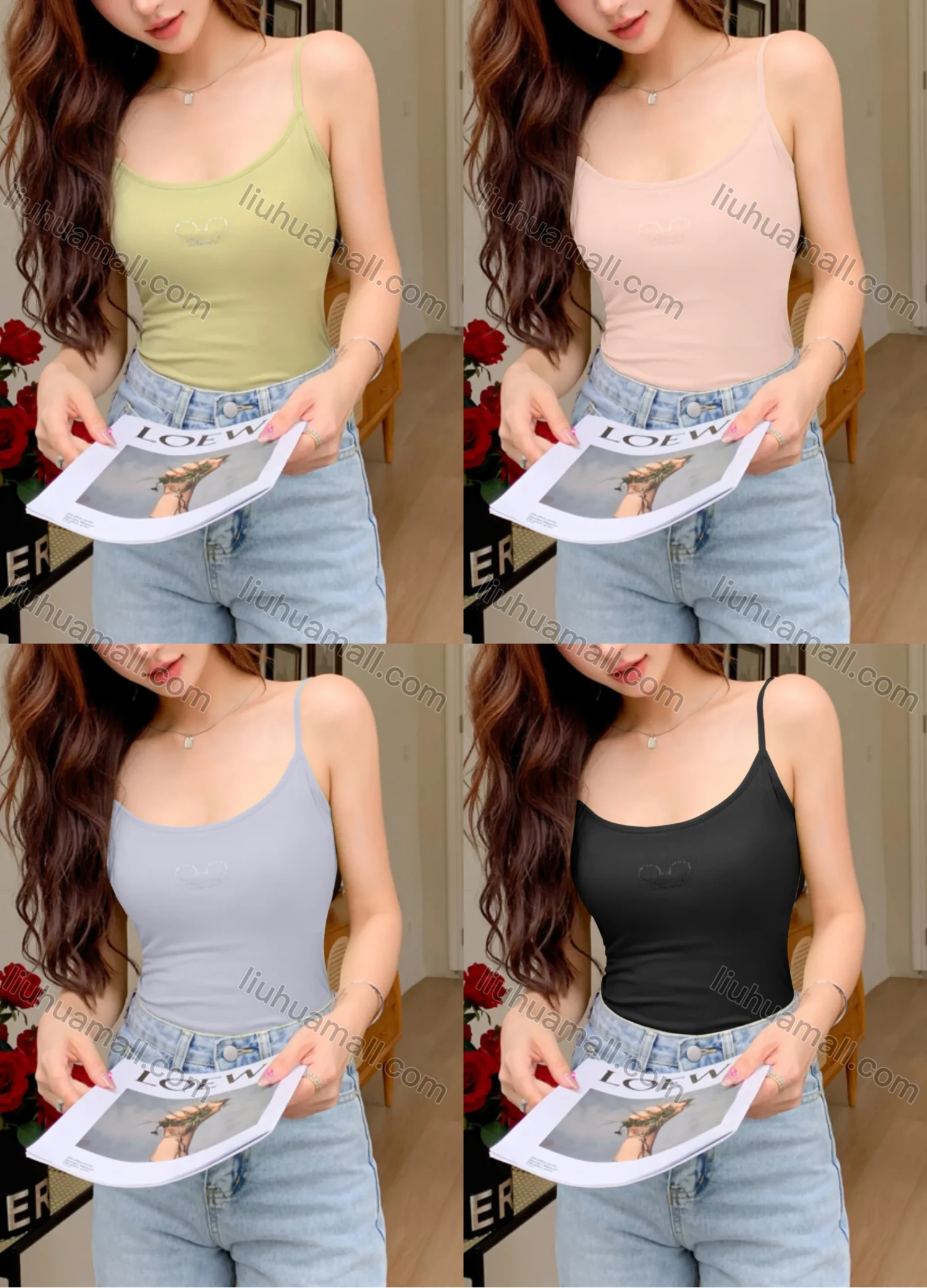 Wholesale Women's Casual Plain Ribbed Slim Fit Cami Top - Liuhuamall