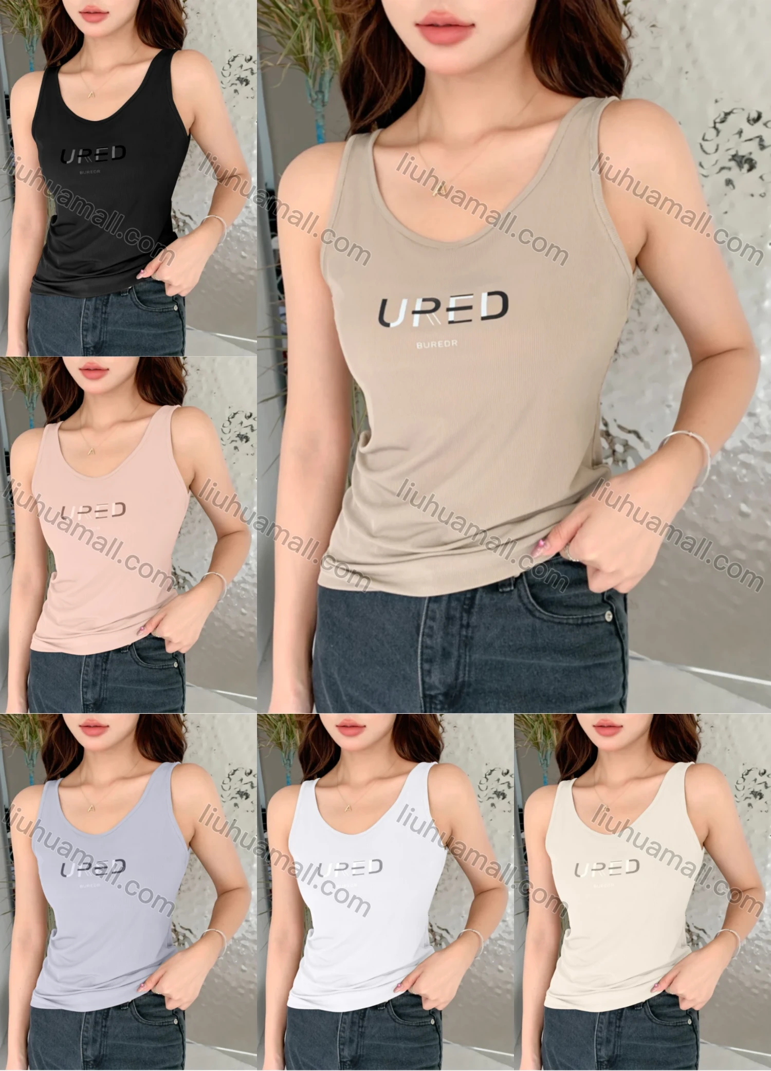 Wholesale Women's Casual Letter Print Ribbed Slim Fit Tank Top - Liuhuamall