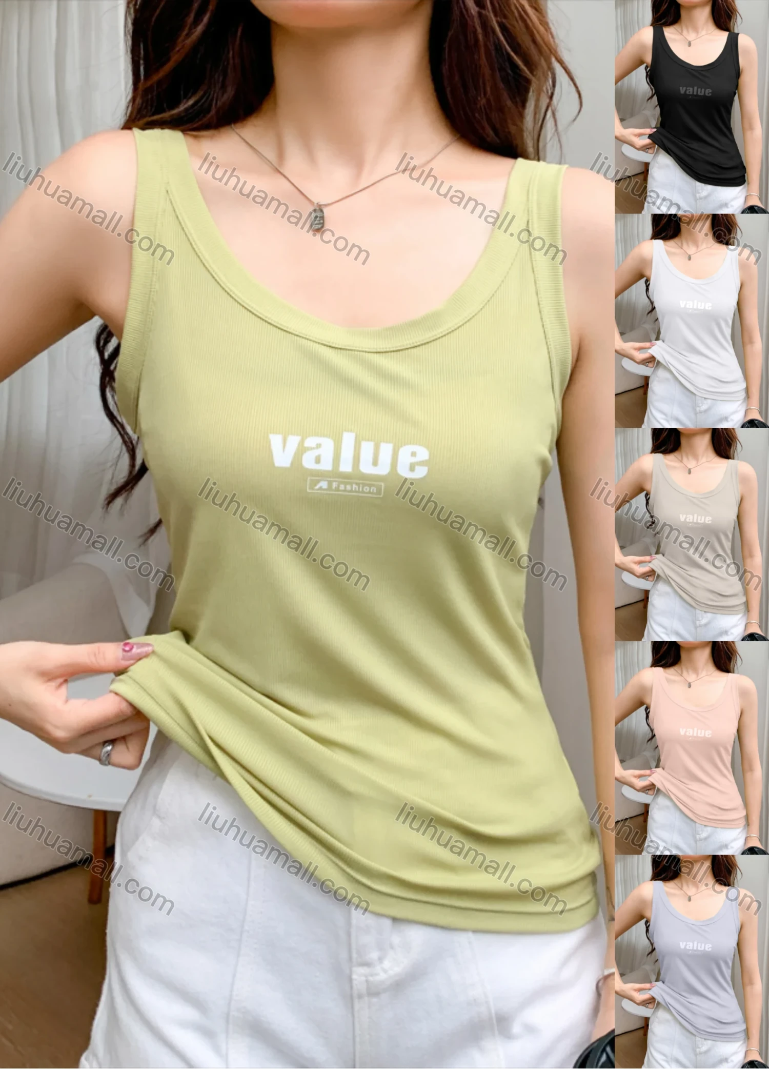 Wholesale Women's Casual Scoop Neck Letter Print Ribbed Slim Fit Tank Top - Liuhuamall