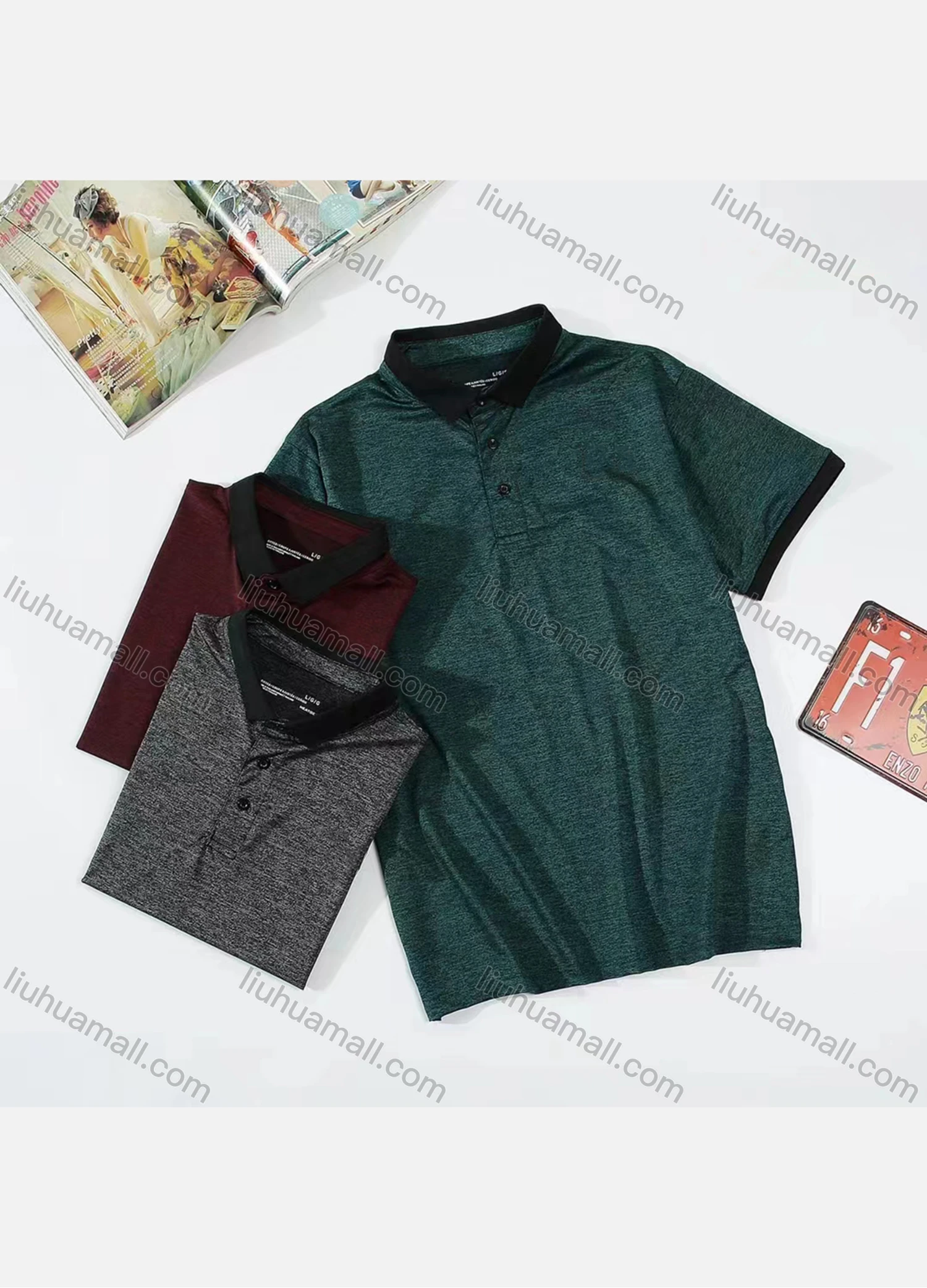 Wholesale Men's Casual Plain Contrast Color Short Sleeve Polo Shirt - Liuhuamall