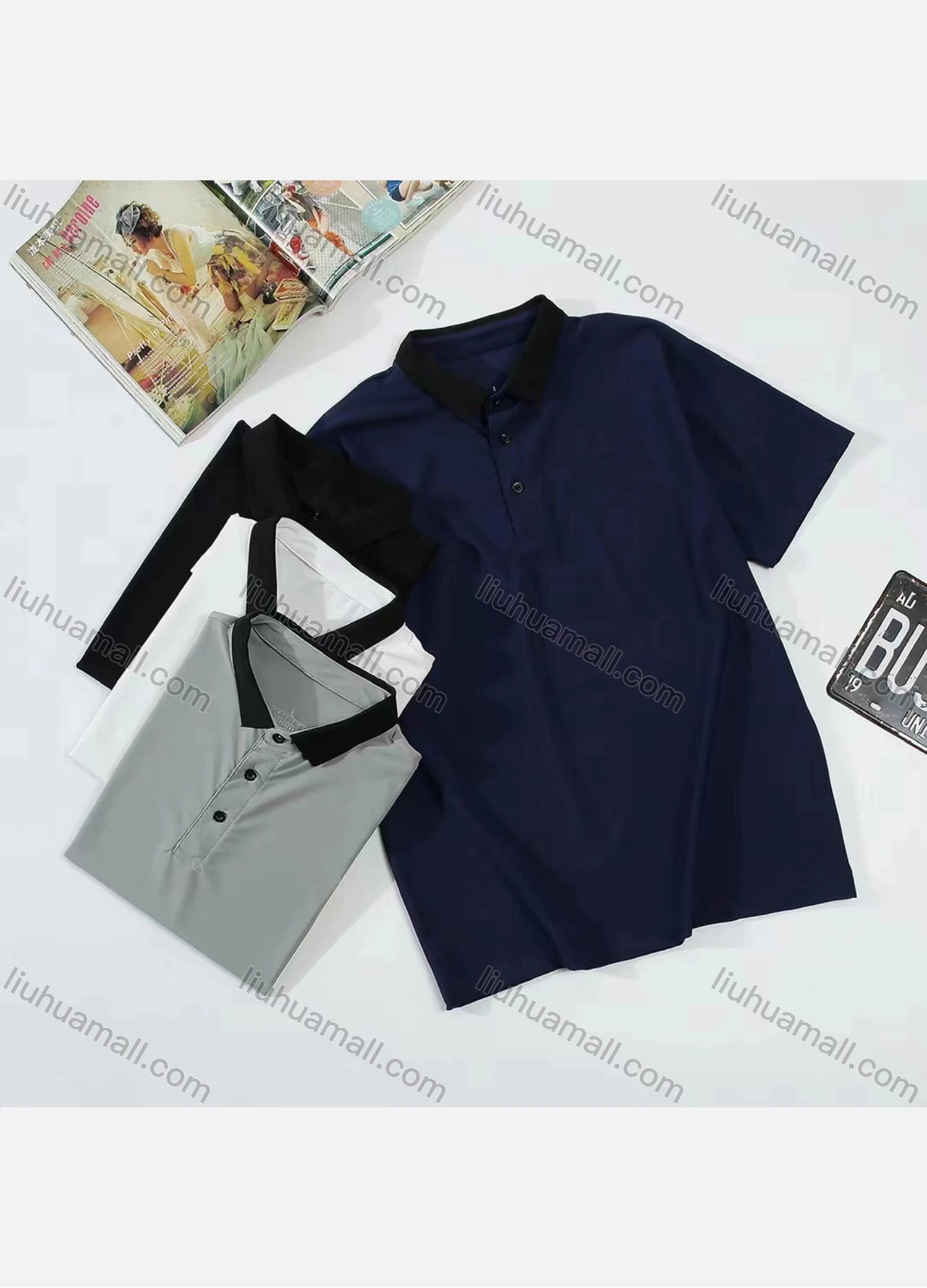 Wholesale Men's Casual Plain Contrast Color Short Sleeve Polo Shirt - Liuhuamall