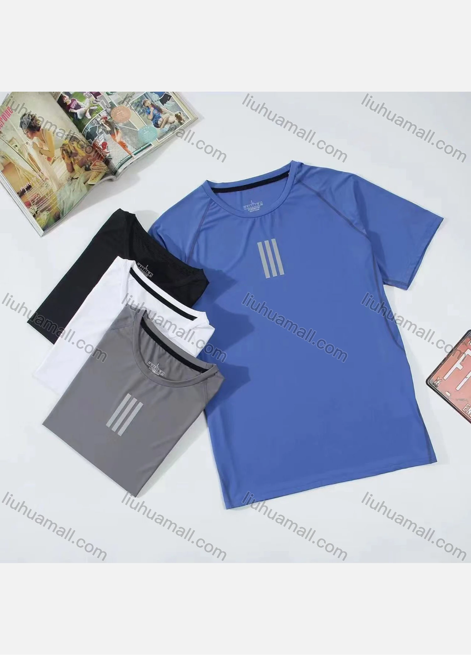 Wholesale Men's Casual Plain Striped Trim Round Neck Short Sleeve Tee - Liuhuamall