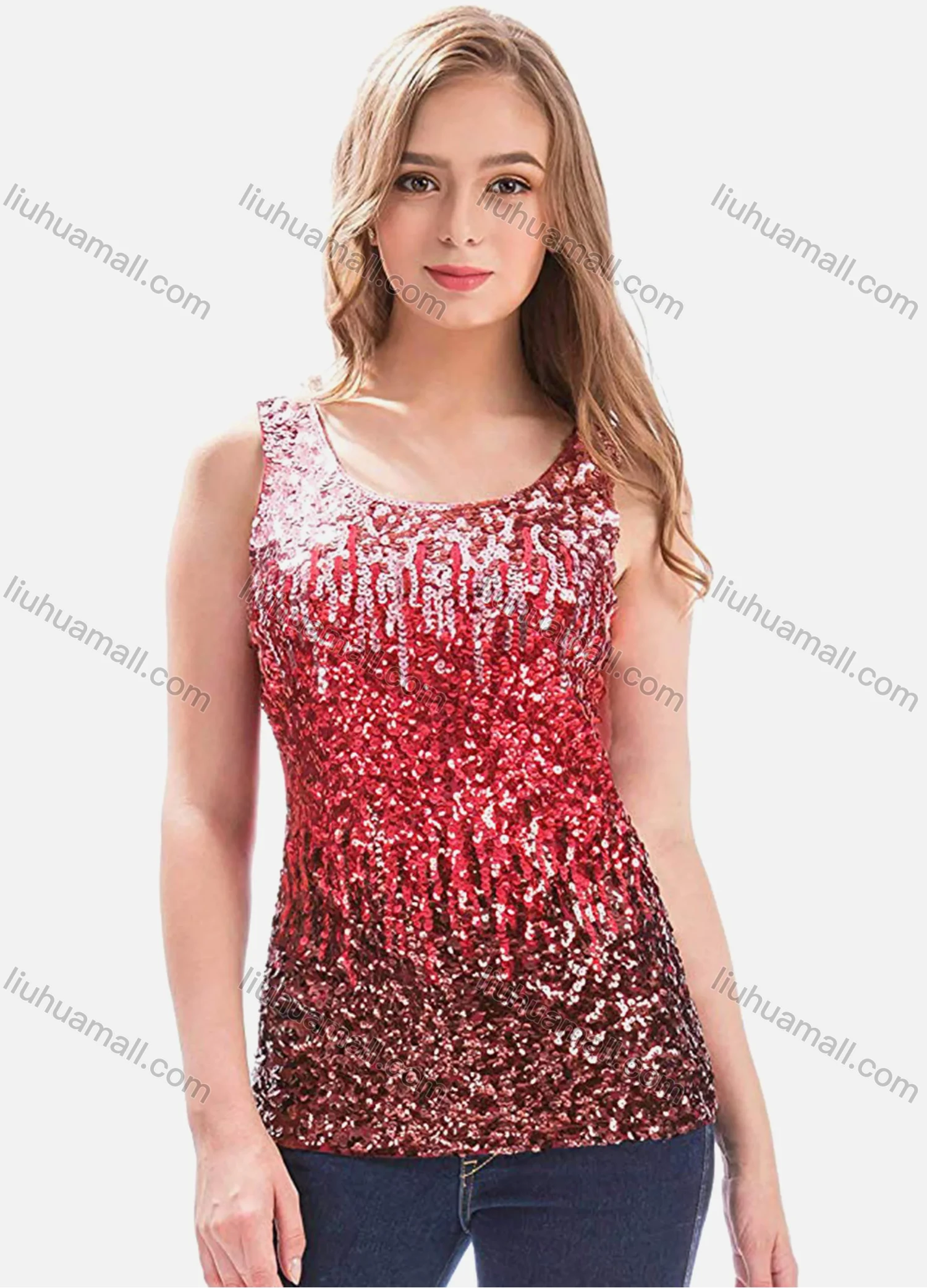 Wholesale Women's Sequin Splicing Sleeveless Scoop Neck Gradient Tank Top - Liuhuamall