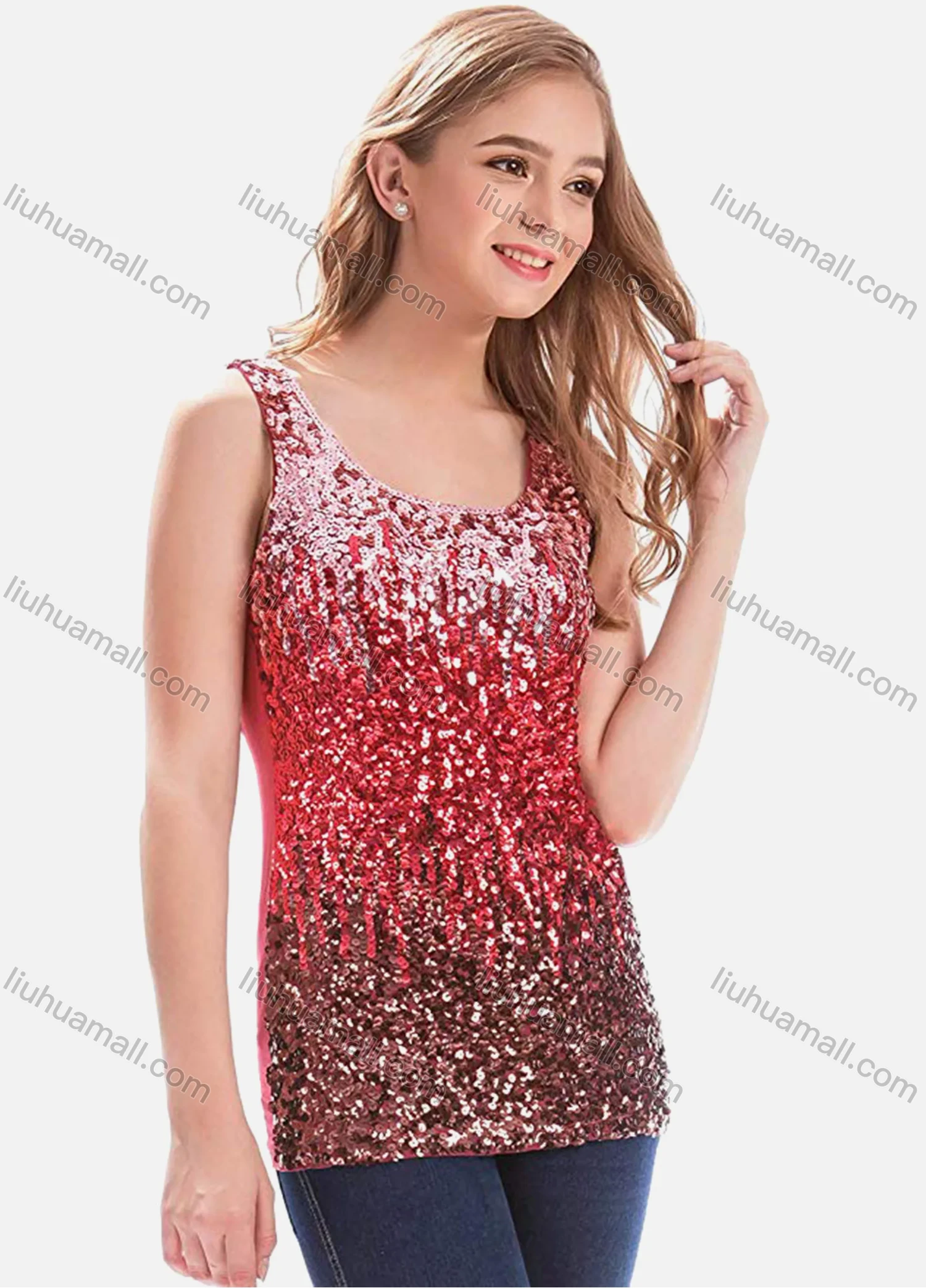 Wholesale Women's Sequin Splicing Sleeveless Scoop Neck Gradient Tank Top - Liuhuamall