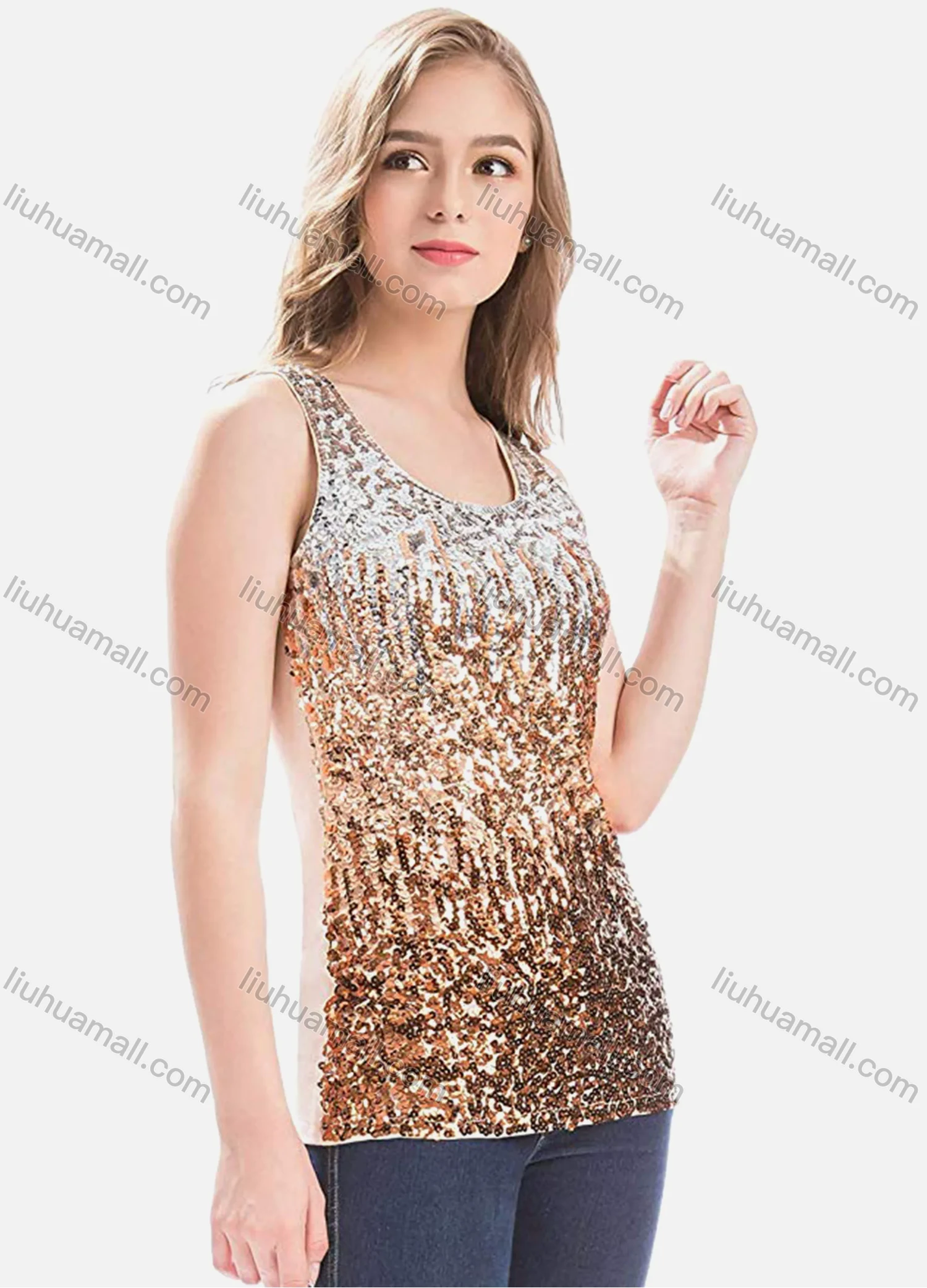 Wholesale Women's Sequin Splicing Sleeveless Scoop Neck Gradient Tank Top - Liuhuamall