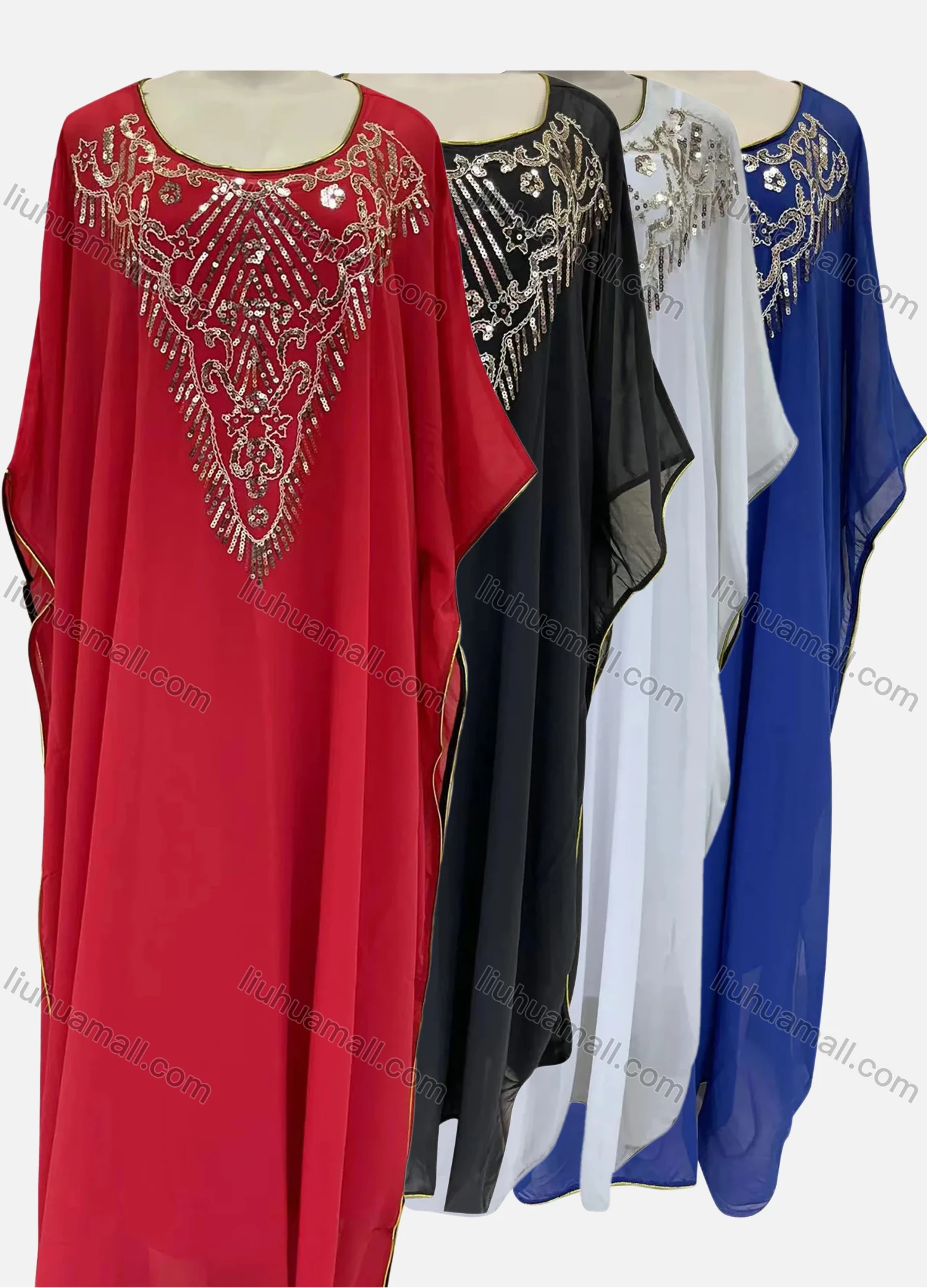 Wholesale Women's Muslim Islamic Sequin Batwing Sleeve Arabic Dubai Pullover Sheer Mesh Kaftan Dress - Liuhuamall