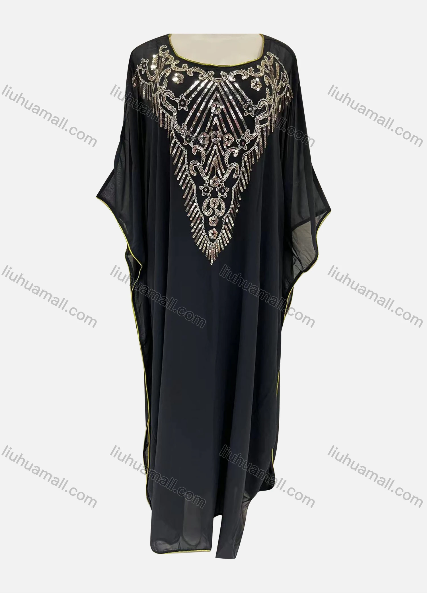 Wholesale Women's Muslim Islamic Sequin Batwing Sleeve Arabic Dubai Pullover Sheer Mesh Kaftan Dress - Liuhuamall