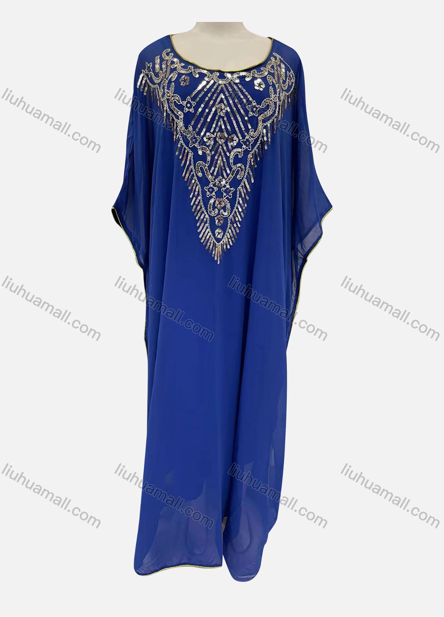 Wholesale Women's Muslim Islamic Sequin Batwing Sleeve Arabic Dubai Pullover Sheer Mesh Kaftan Dress - Liuhuamall