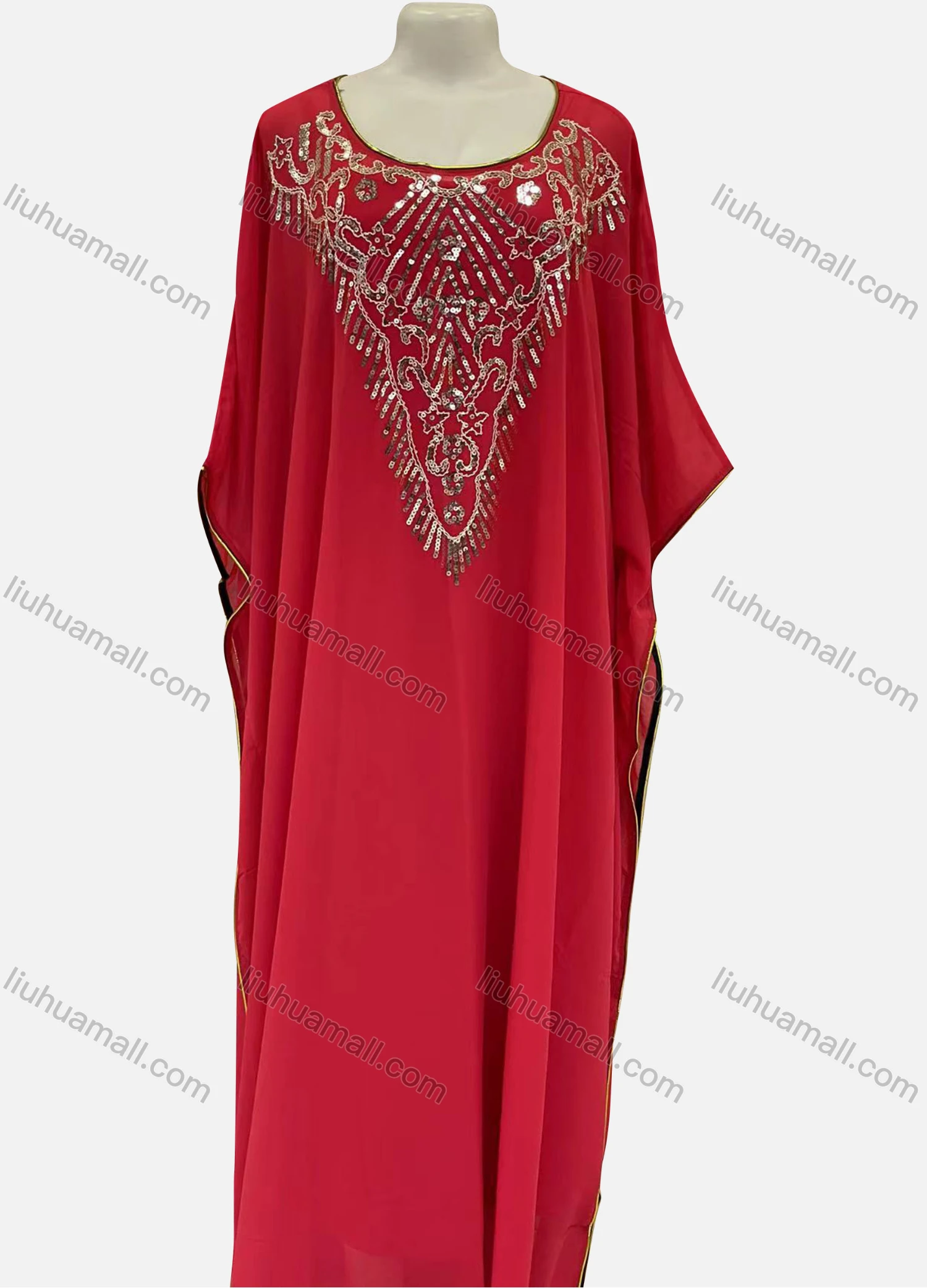 Wholesale Women's Muslim Islamic Sequin Batwing Sleeve Arabic Dubai Pullover Sheer Mesh Kaftan Dress - Liuhuamall