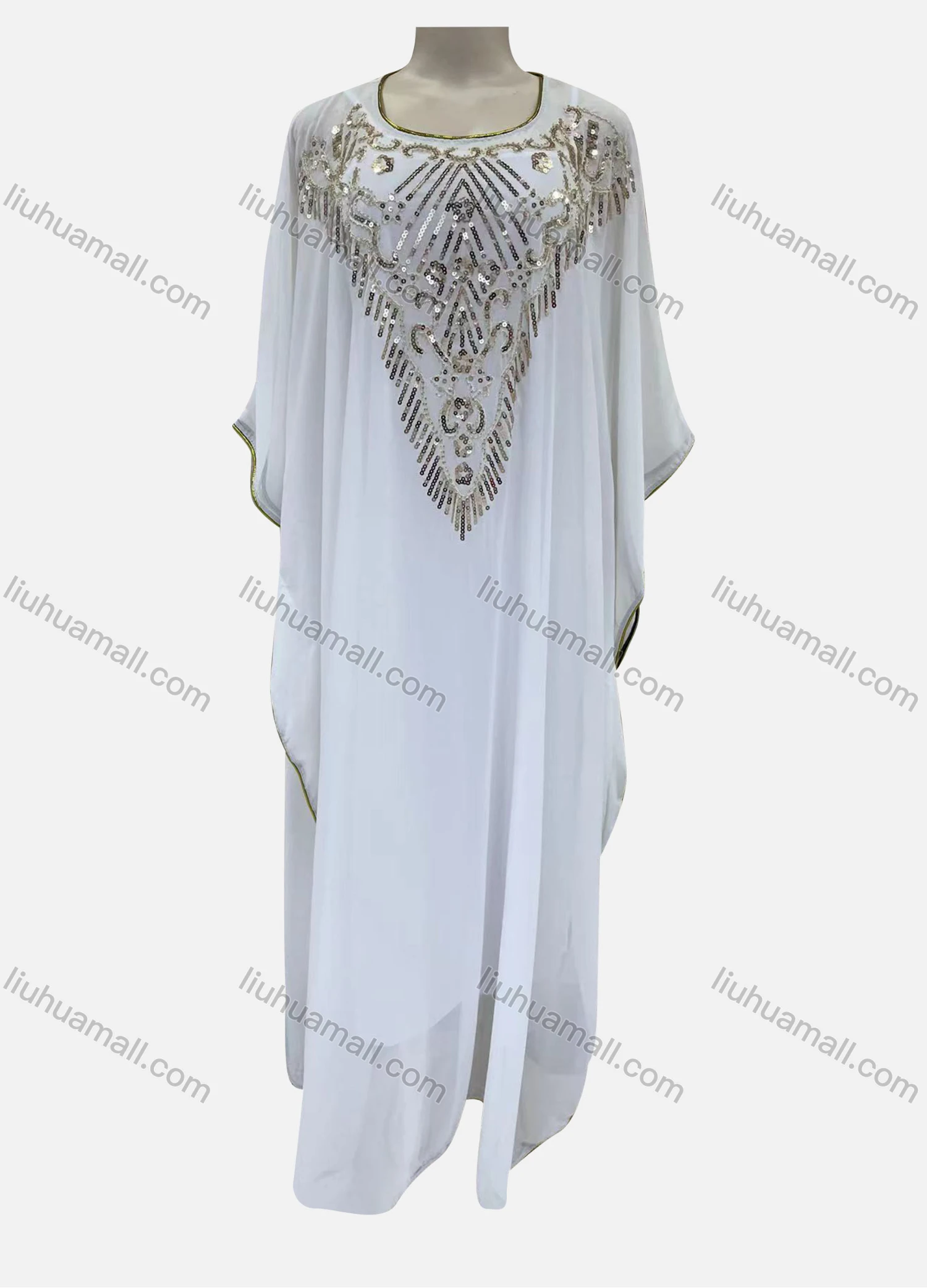 Wholesale Women's Muslim Islamic Sequin Batwing Sleeve Arabic Dubai Pullover Sheer Mesh Kaftan Dress - Liuhuamall