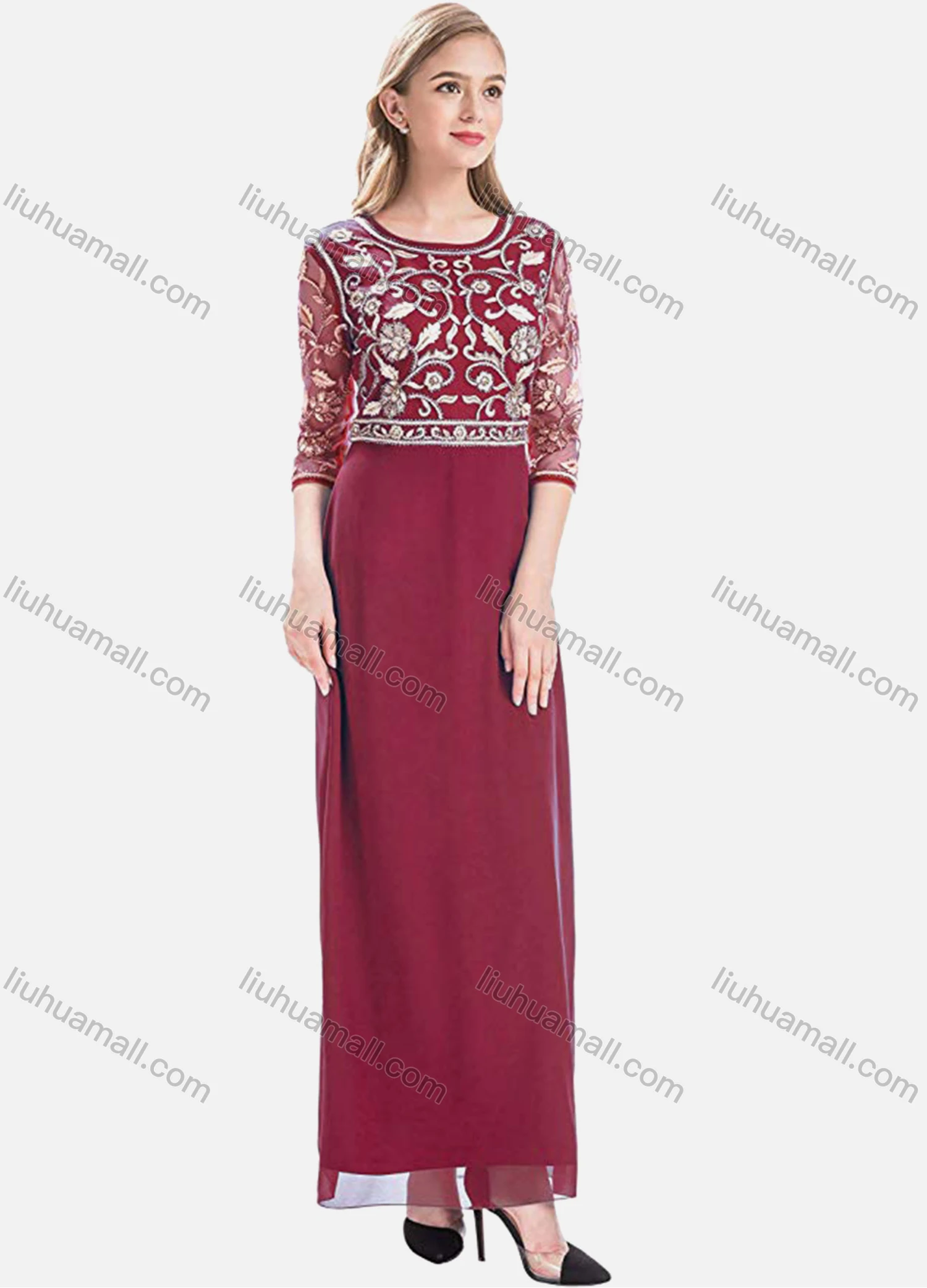 Wholesale Women's Elegant High Waist Sheer Mesh Floral Embroidery Half Sleeve Sequin Maxi Dress - Liuhuamall