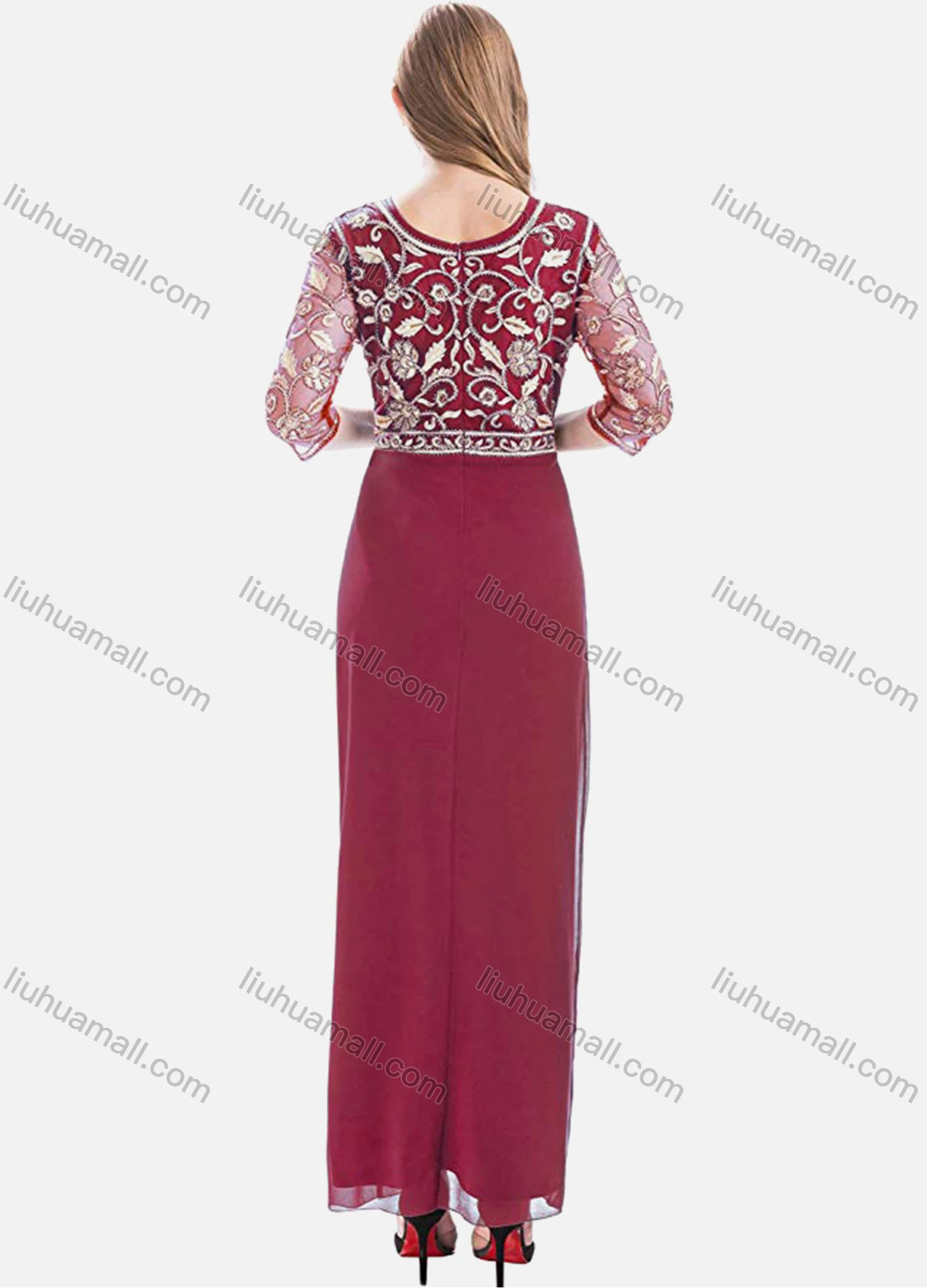 Wholesale Women's Elegant High Waist Sheer Mesh Floral Embroidery Half Sleeve Sequin Maxi Dress - Liuhuamall