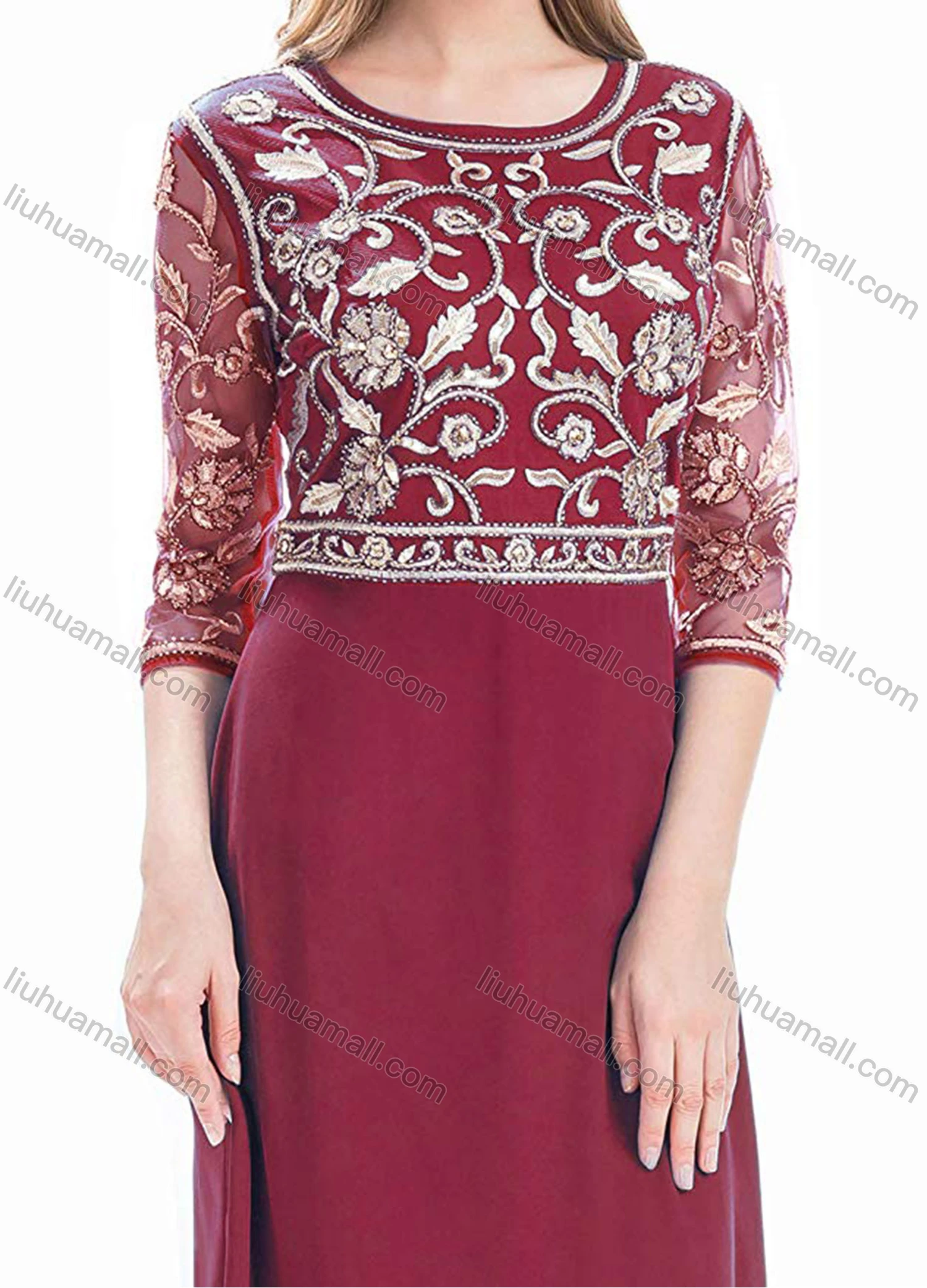 Wholesale Women's Elegant High Waist Sheer Mesh Floral Embroidery Half Sleeve Sequin Maxi Dress - Liuhuamall
