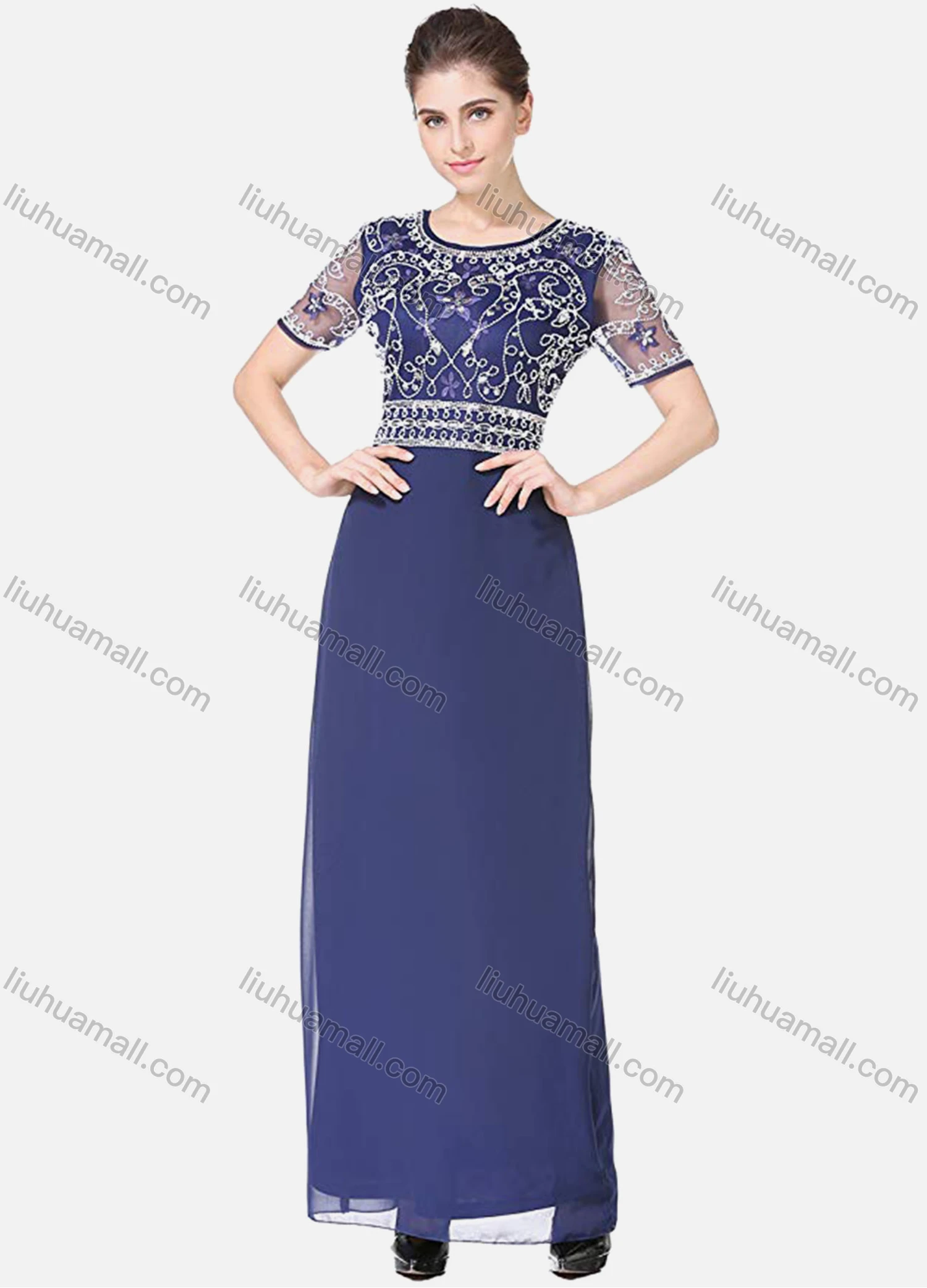 Wholesale Women's Elegant High Waist Sheer Mesh Floral Embroidery Half Sleeve Sequin Maxi Dress - Liuhuamall