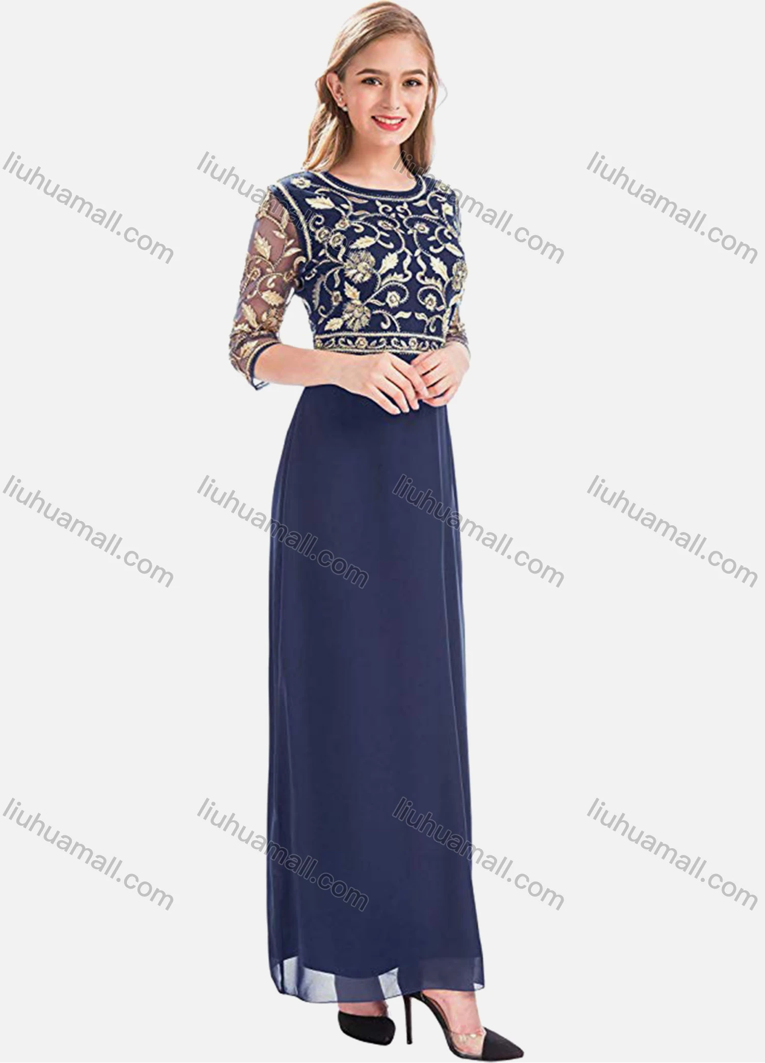 Wholesale Women's Elegant High Waist Sheer Mesh Floral Embroidery Half Sleeve Sequin Maxi Dress - Liuhuamall
