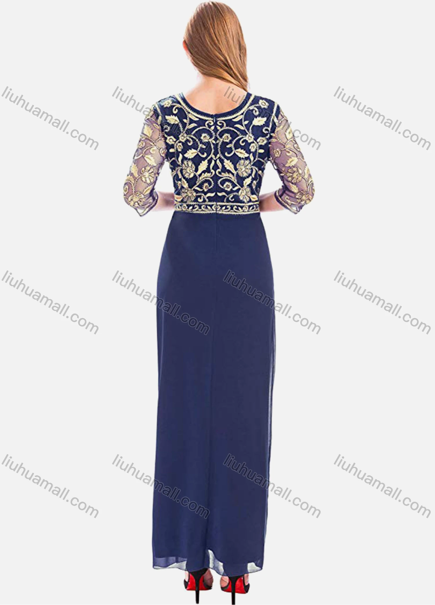 Wholesale Women's Elegant High Waist Sheer Mesh Floral Embroidery Half Sleeve Sequin Maxi Dress - Liuhuamall