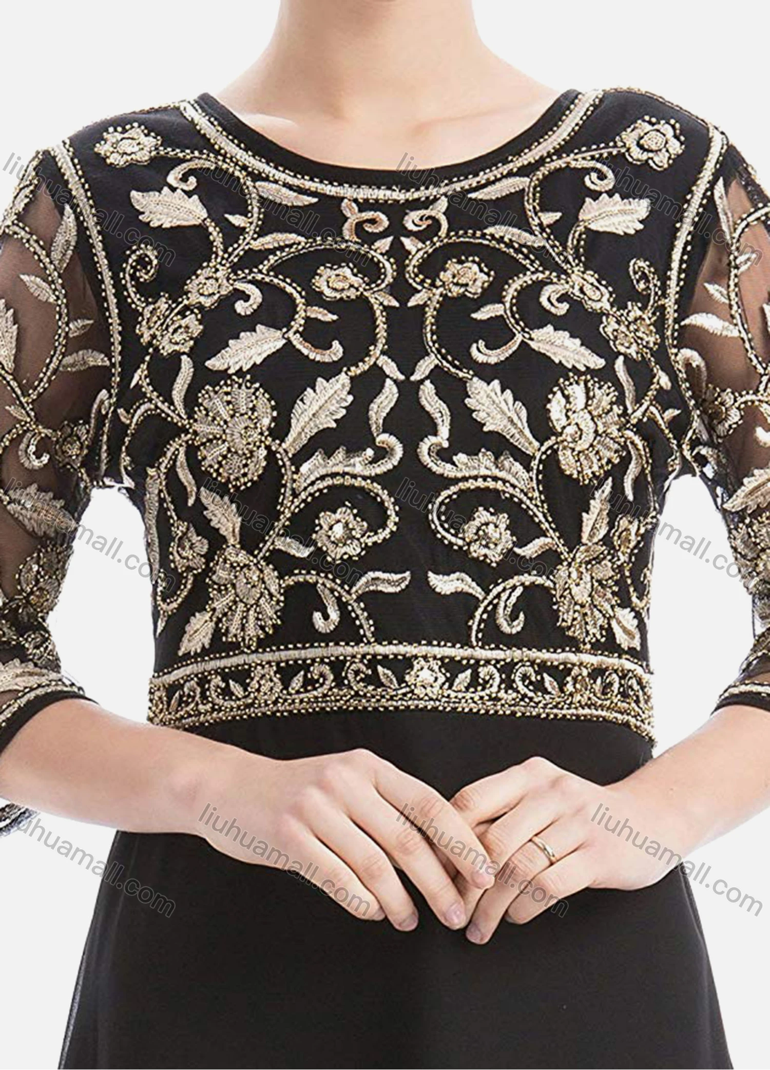 Wholesale Women's Elegant High Waist Sheer Mesh Floral Embroidery Half Sleeve Sequin Maxi Dress - Liuhuamall