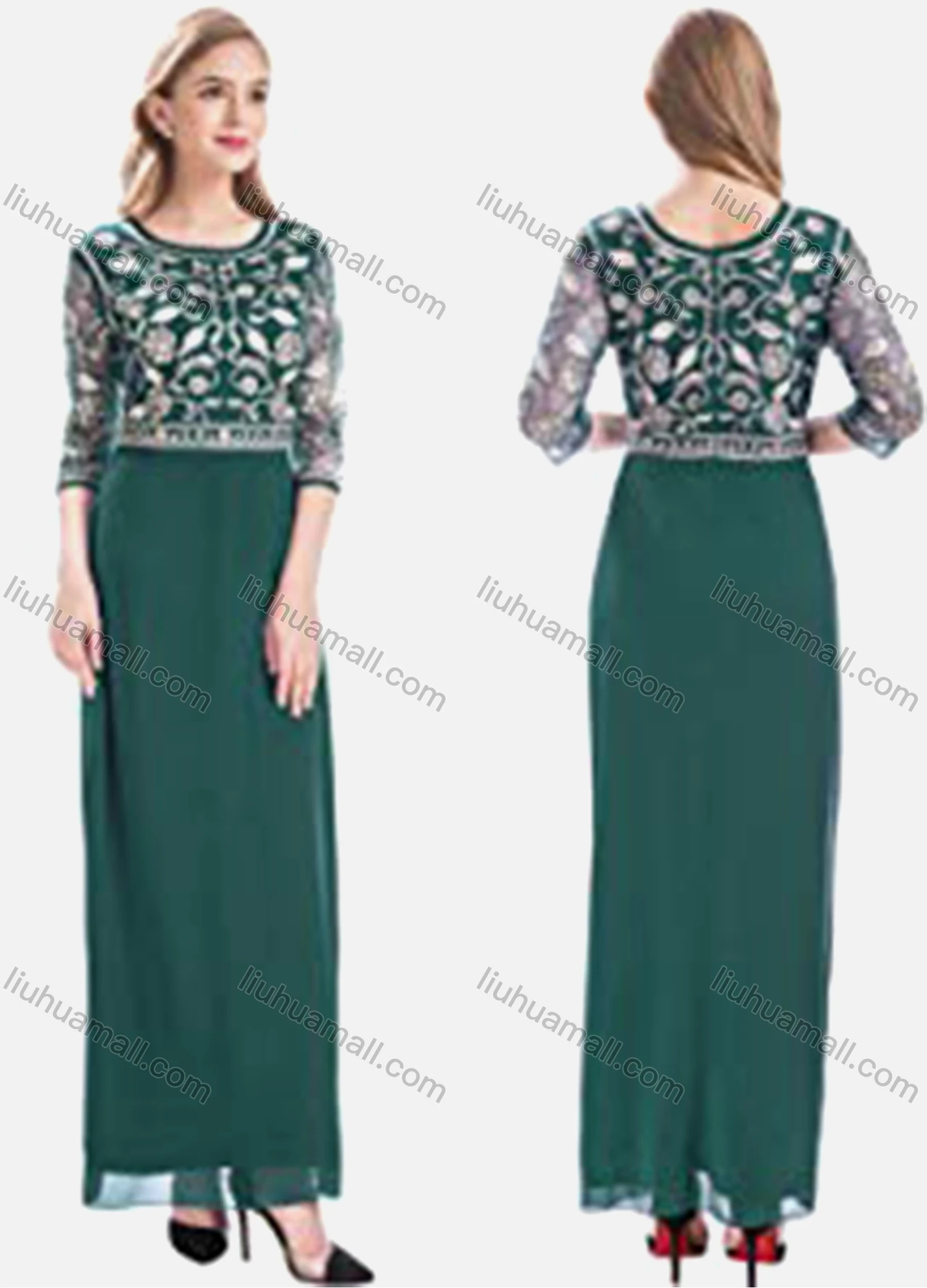 Wholesale Women's Elegant High Waist Sheer Mesh Floral Embroidery Half Sleeve Sequin Maxi Dress - Liuhuamall