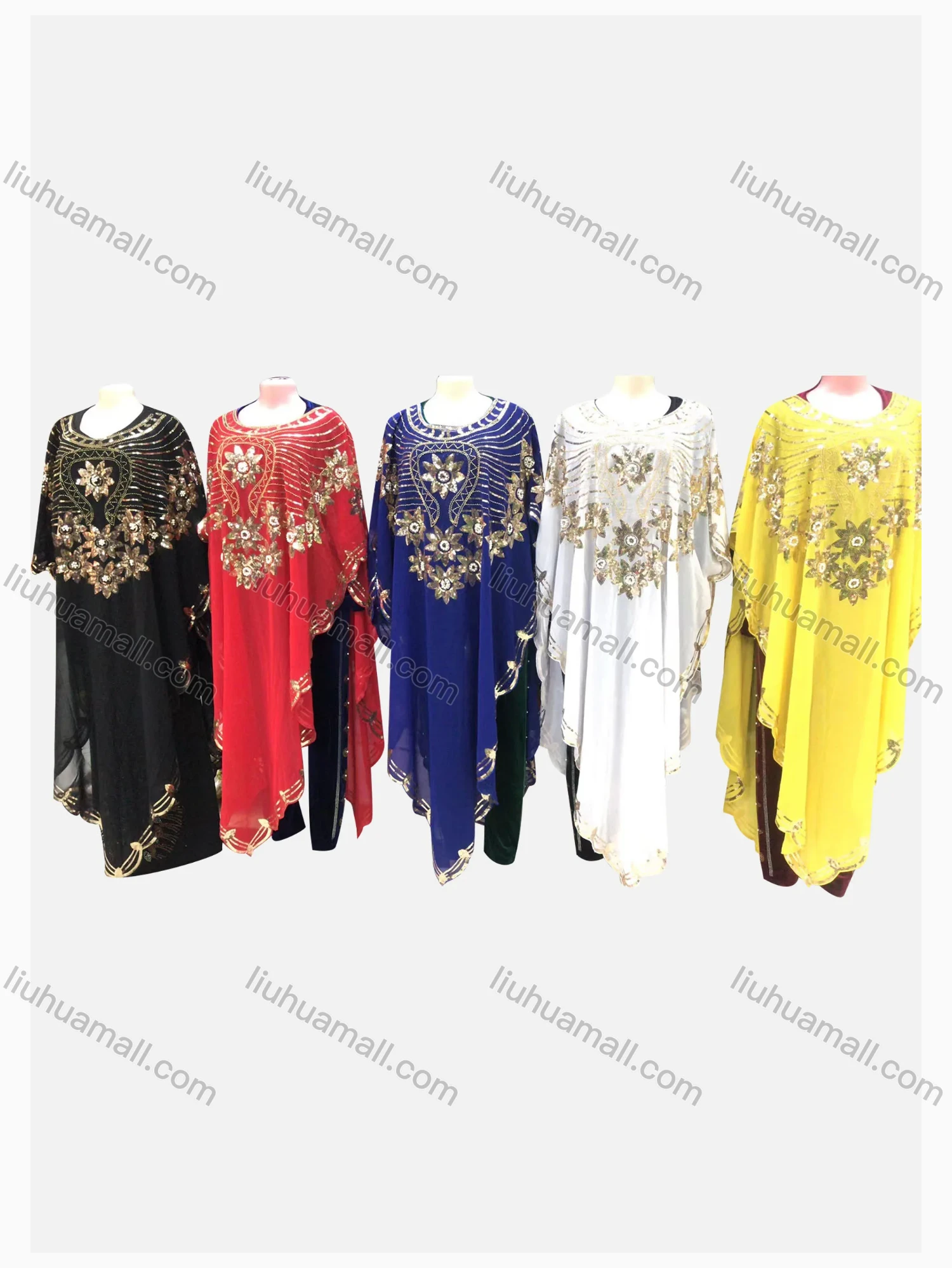 Wholesale Women's Muslim Loose Fit Sequin Batwing Sleeve Pullover Sheer Mesh Kaftan Dress - Liuhuamall