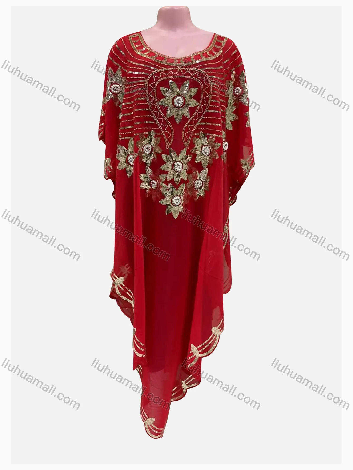 Wholesale Women's Muslim Loose Fit Sequin Batwing Sleeve Pullover Sheer Mesh Kaftan Dress - Liuhuamall