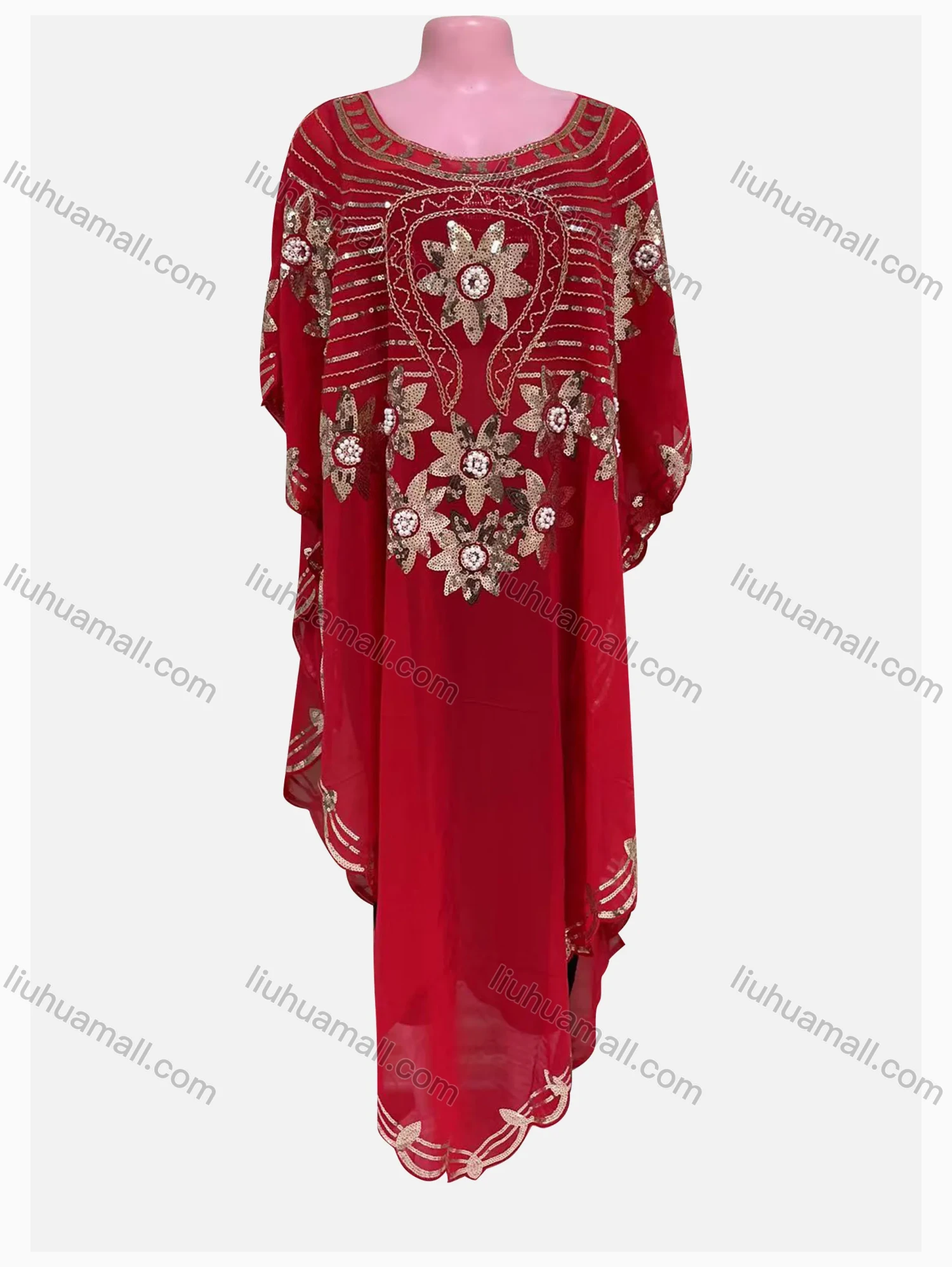 Wholesale Women's Muslim Loose Fit Sequin Batwing Sleeve Pullover Sheer Mesh Kaftan Dress - Liuhuamall