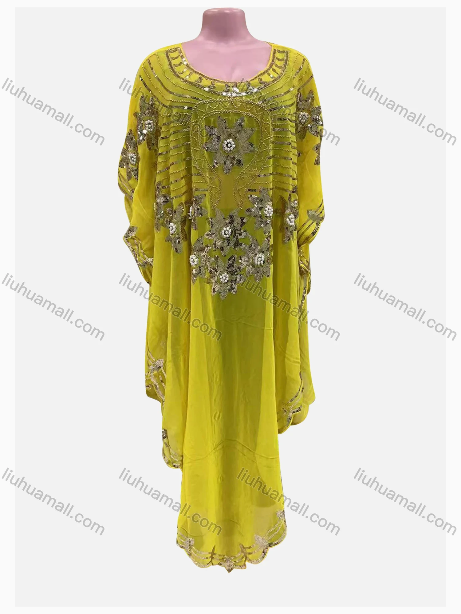 Wholesale Women's Muslim Loose Fit Sequin Batwing Sleeve Pullover Sheer Mesh Kaftan Dress - Liuhuamall