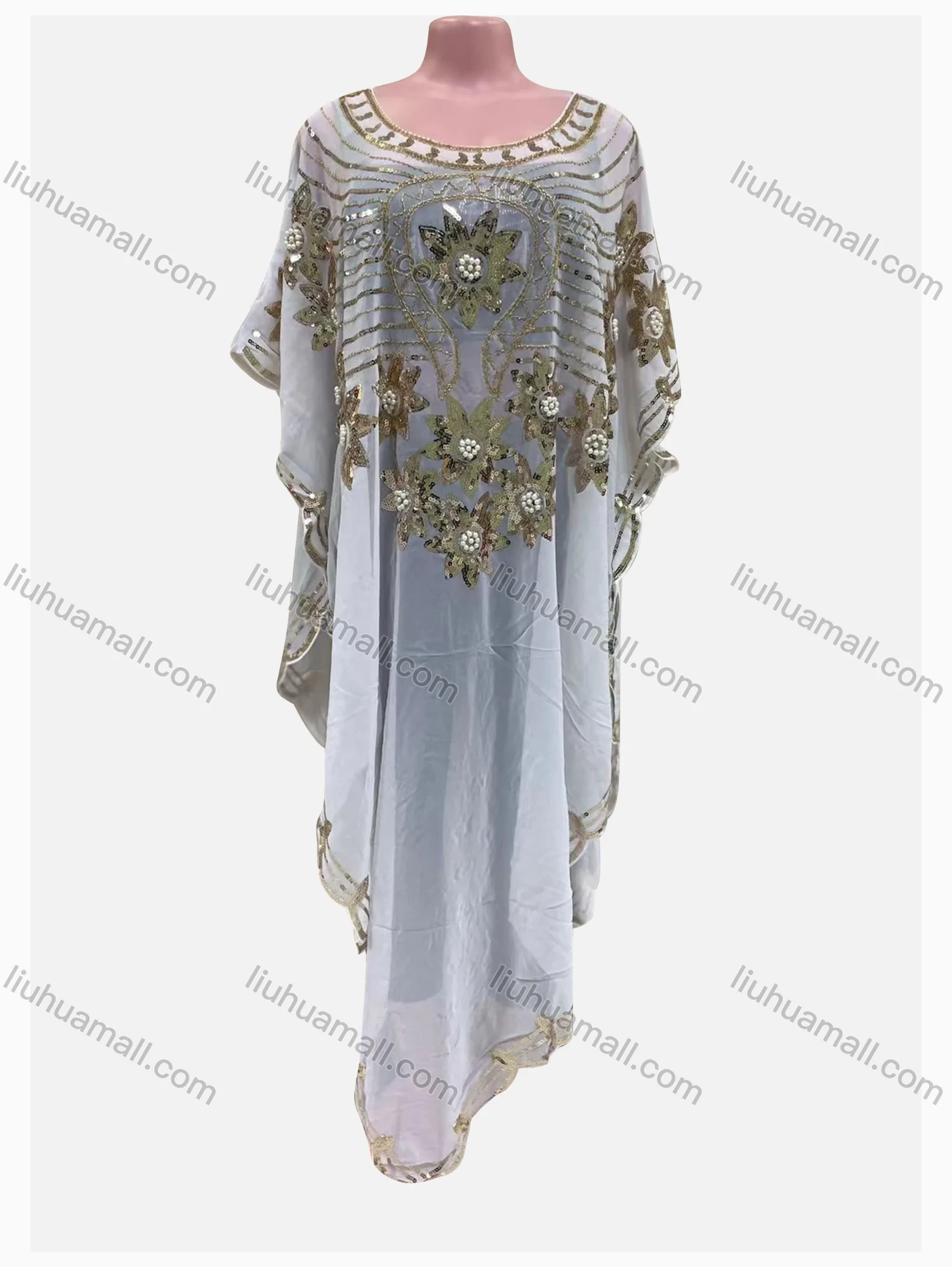 Wholesale Women's Muslim Loose Fit Sequin Batwing Sleeve Pullover Sheer Mesh Kaftan Dress - Liuhuamall