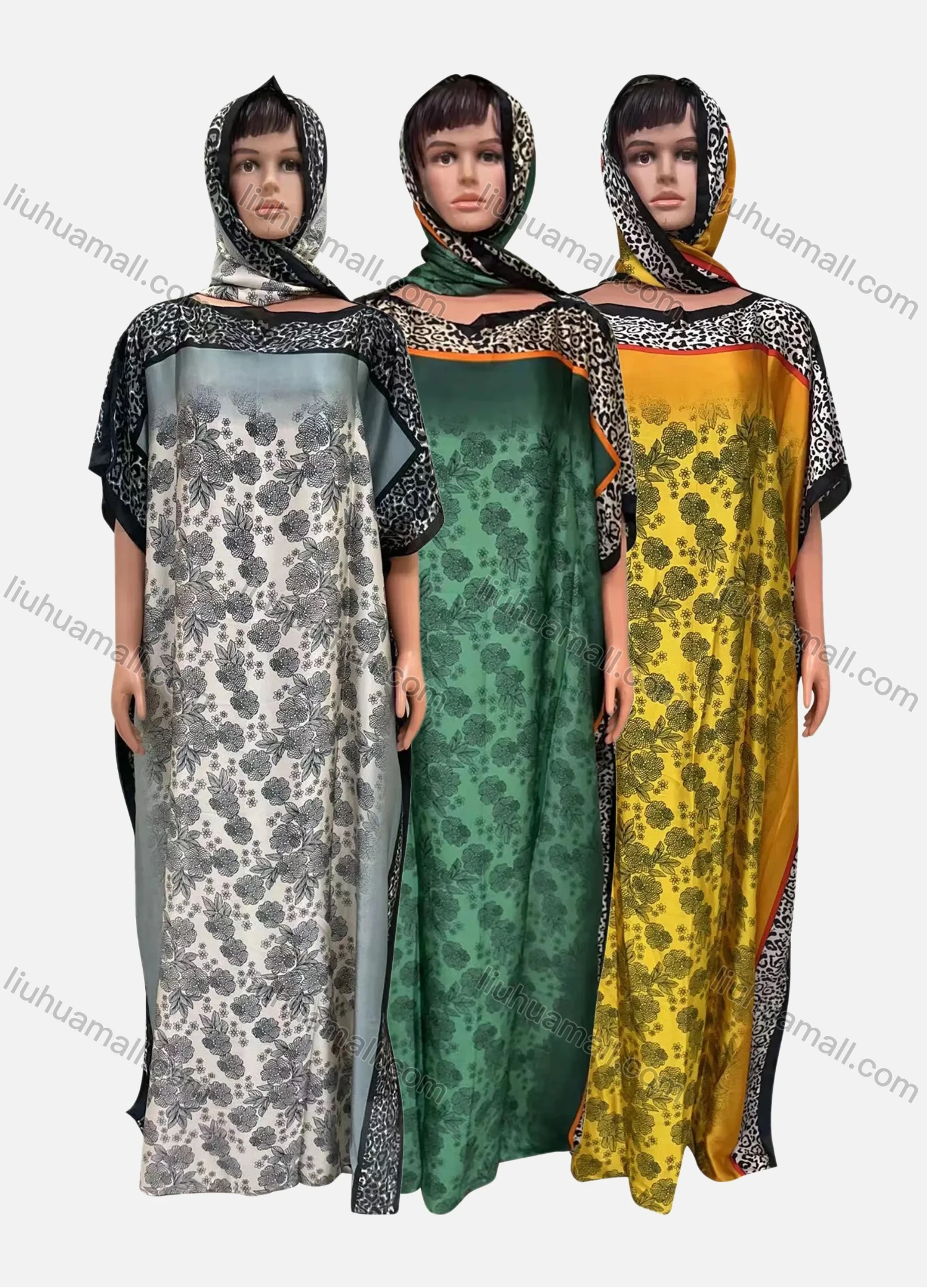 Wholesale Women's African Vintage Boat Neck Muslim Floral Leopard Splicing Print Maxi With Hijab - Liuhuamall