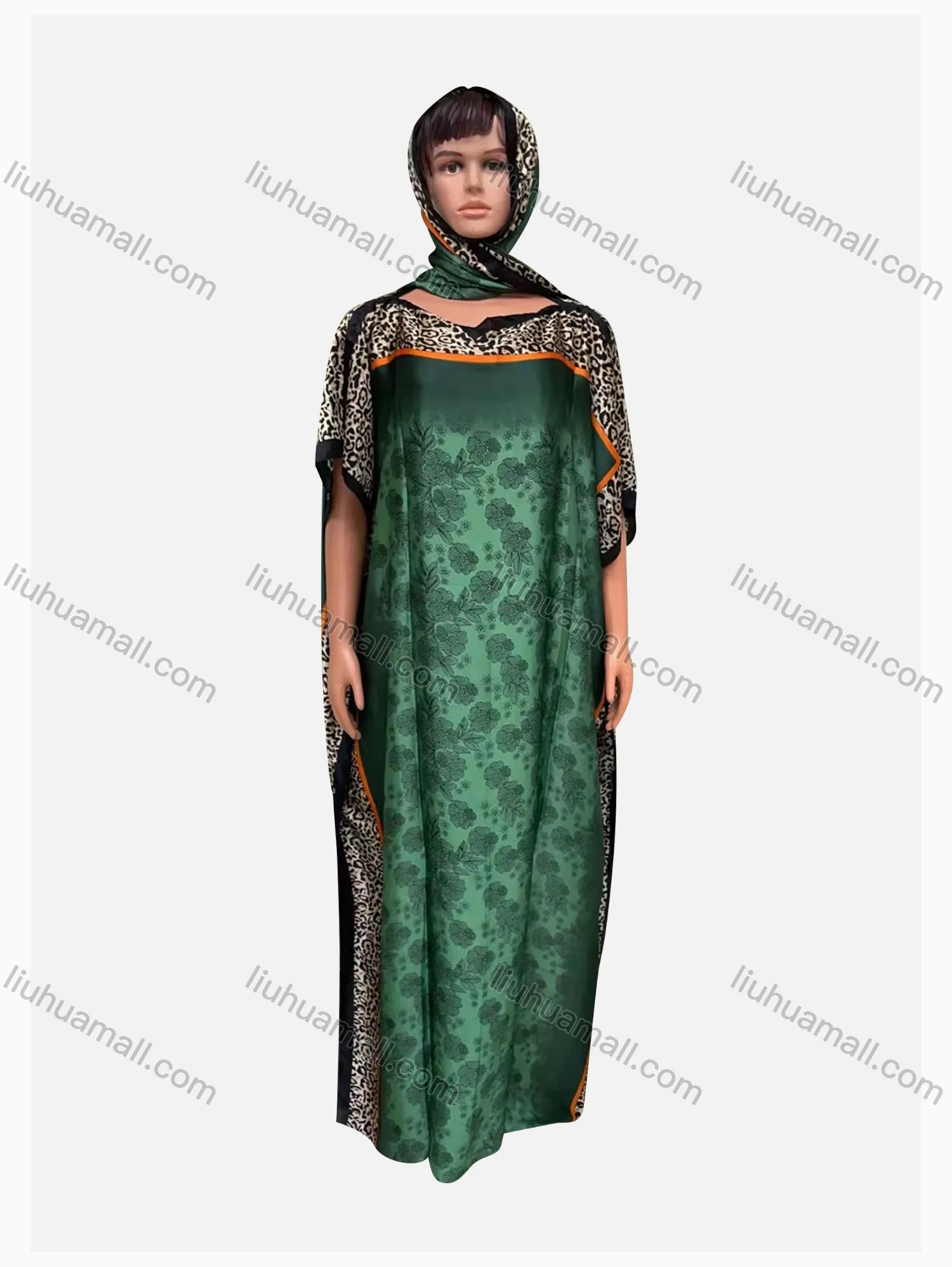 Wholesale Women's African Vintage Boat Neck Muslim Floral Leopard Splicing Print Maxi With Hijab - Liuhuamall