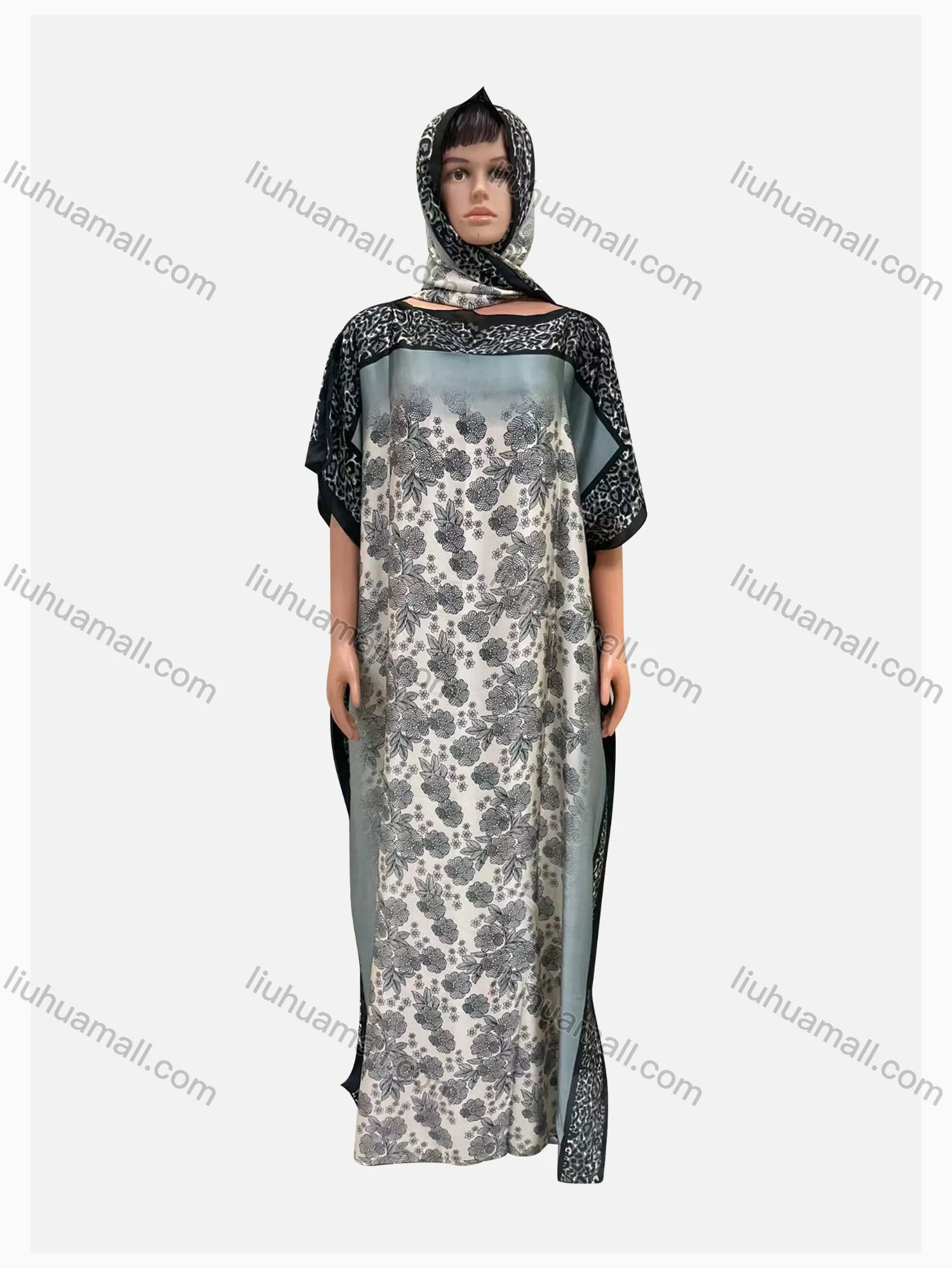 Wholesale Women's African Vintage Boat Neck Muslim Floral Leopard Splicing Print Maxi With Hijab - Liuhuamall