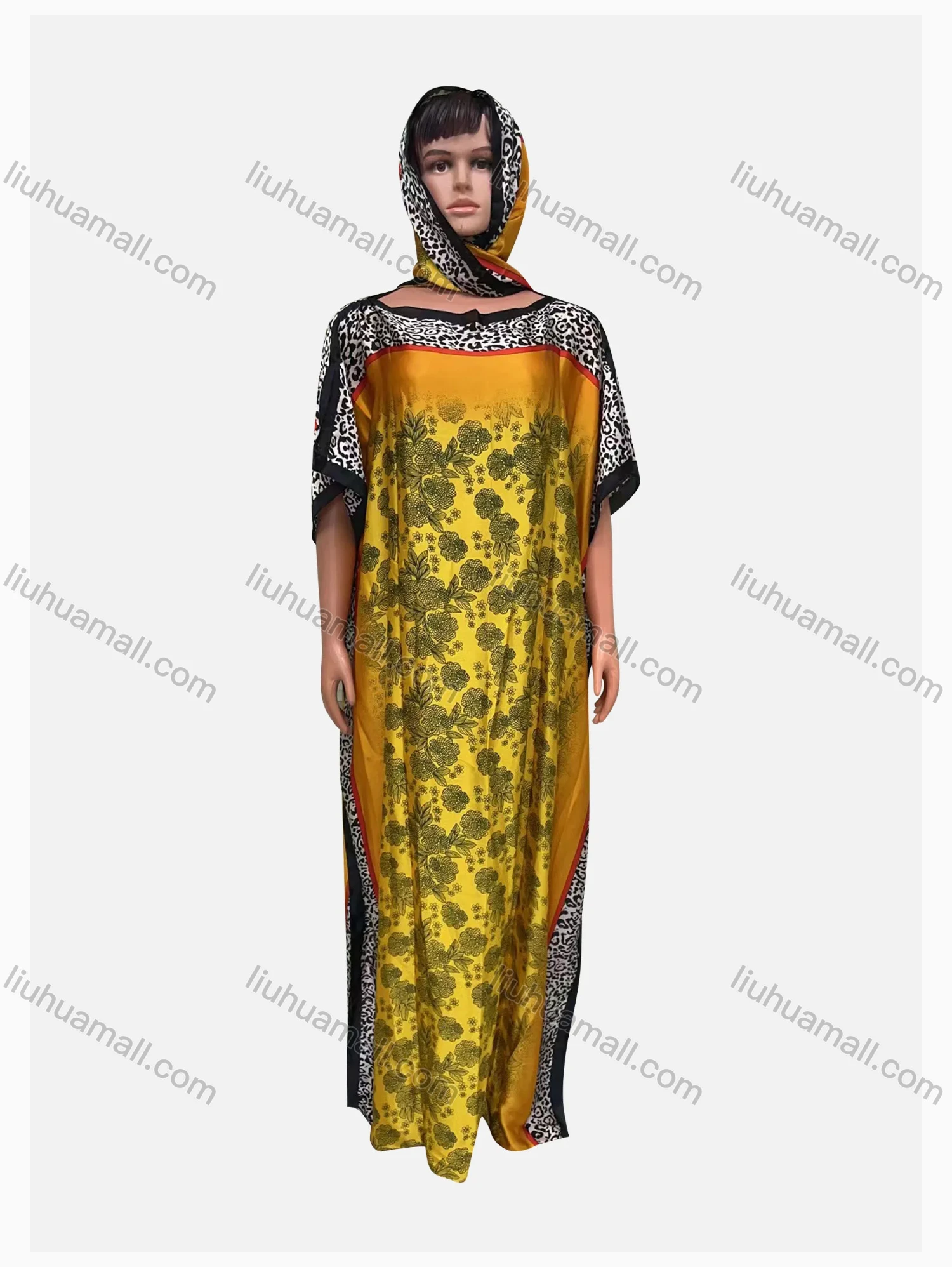Wholesale Women's African Vintage Boat Neck Muslim Floral Leopard Splicing Print Maxi With Hijab - Liuhuamall