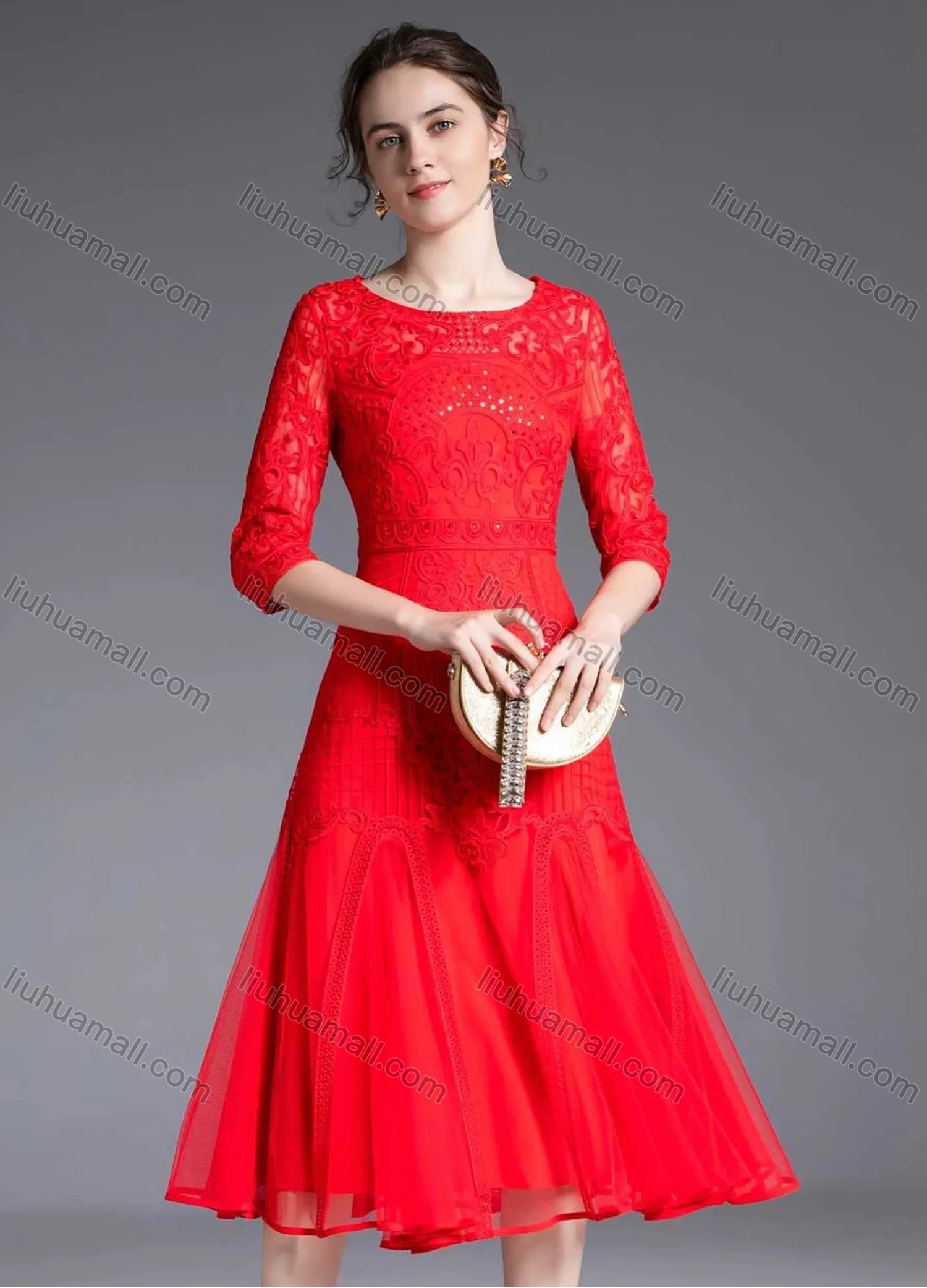 Wholesale Women's Vintage High Waist Sheer Mesh Half Sleeve Embroidery Knee Length Dress - Liuhuamall